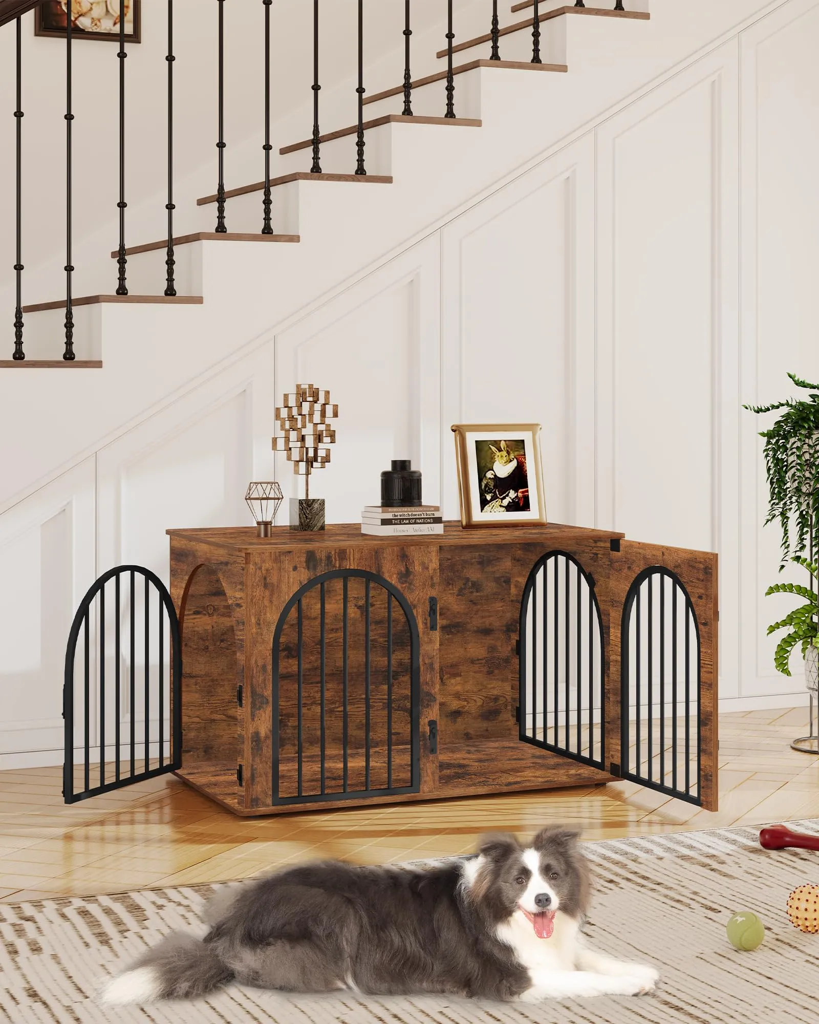 Hzuaneri 100cm Gabbia per Cani, Tavolo Supplemento, Cuccia Moderna per Cani Interno, Kennel cane Medio, Casetta per Animali, 3 porte, Porta ad arco, 60 x 100 x 63 cm, Marrone Rustico DFC84101B - immagine 8