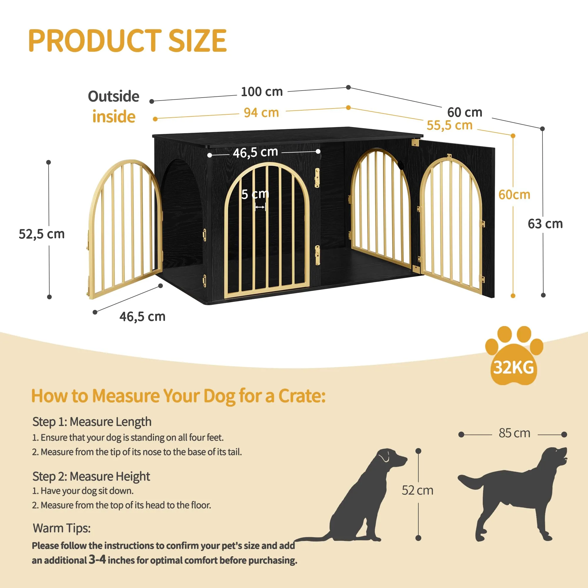 Hzuaneri 100cm Gabbia per Cani, Tavolo Supplemento, Cuccia Moderna per Cani Interno, Kennel cane Medio, Casetta per Animali, 3 porte, Porta ad arco, 60 x 100 x 63 cm, Oro Nero DFC84104A - immagine 2