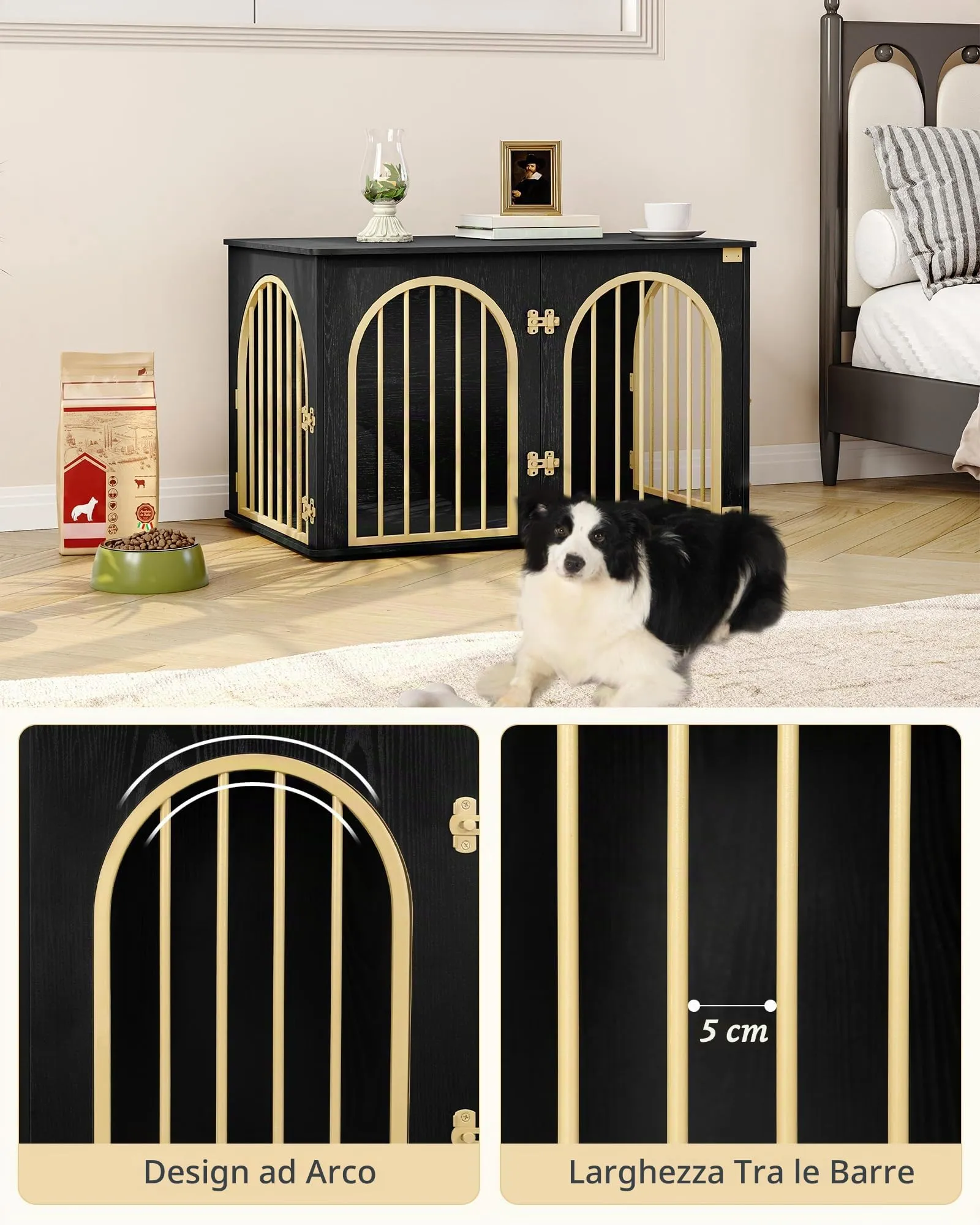 Hzuaneri 100cm Gabbia per Cani, Tavolo Supplemento, Cuccia Moderna per Cani Interno, Kennel cane Medio, Casetta per Animali, 3 porte, Porta ad arco, 60 x 100 x 63 cm, Oro Nero DFC84104A - immagine 3