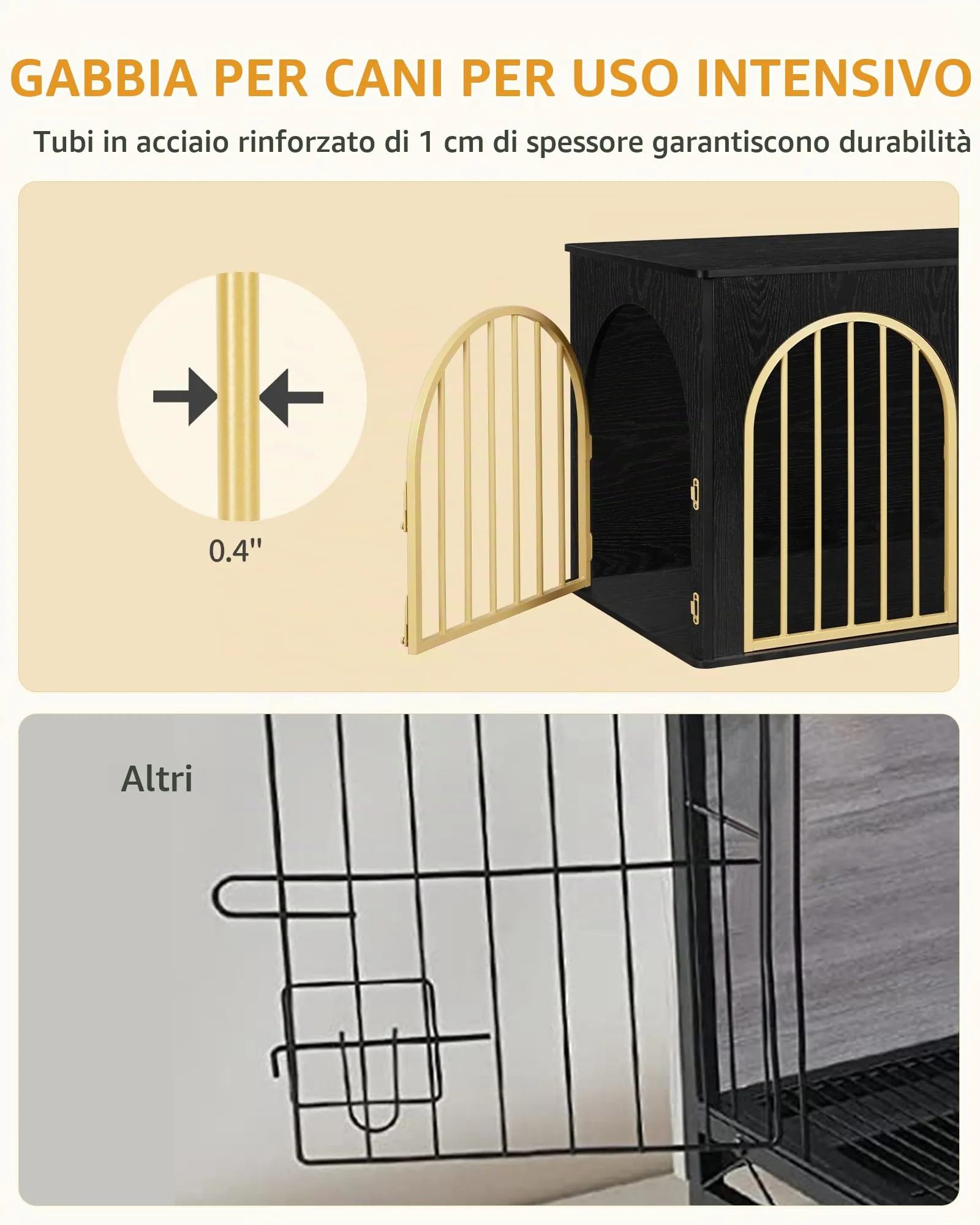 Hzuaneri 100cm Gabbia per Cani, Tavolo Supplemento, Cuccia Moderna per Cani Interno, Kennel cane Medio, Casetta per Animali, 3 porte, Porta ad arco, 60 x 100 x 63 cm, Oro Nero DFC84104A - immagine 4