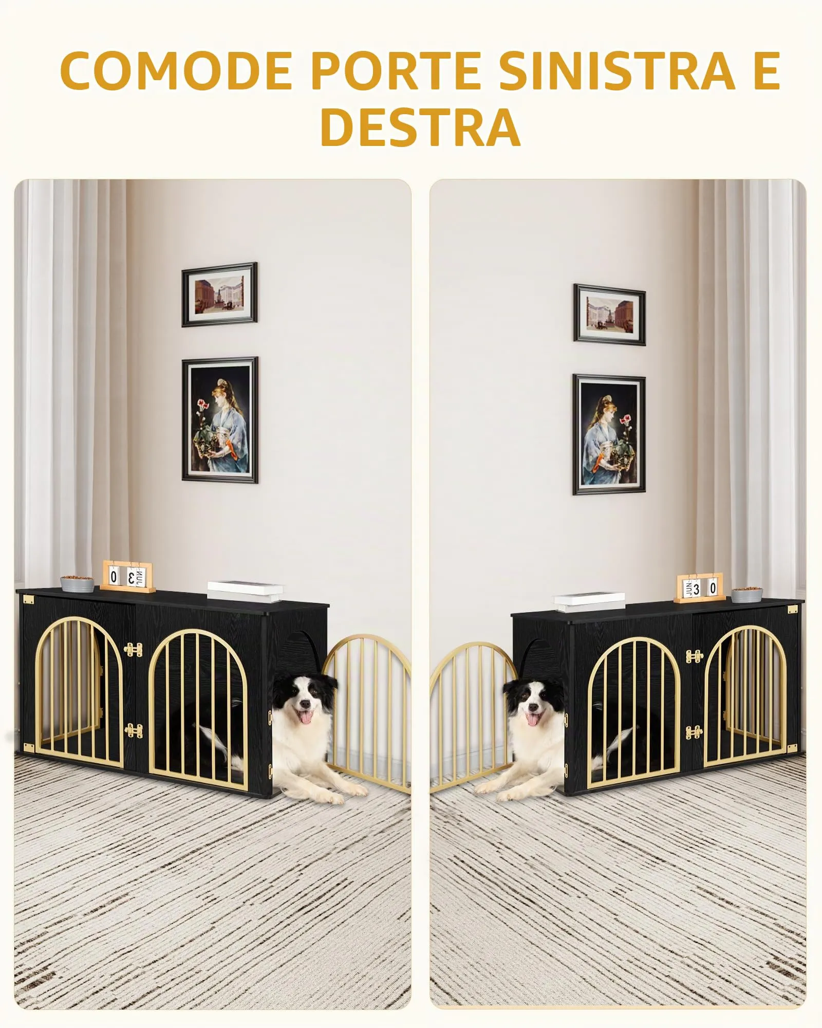 Hzuaneri 100cm Gabbia per Cani, Tavolo Supplemento, Cuccia Moderna per Cani Interno, Kennel cane Medio, Casetta per Animali, 3 porte, Porta ad arco, 60 x 100 x 63 cm, Oro Nero DFC84104A - immagine 5