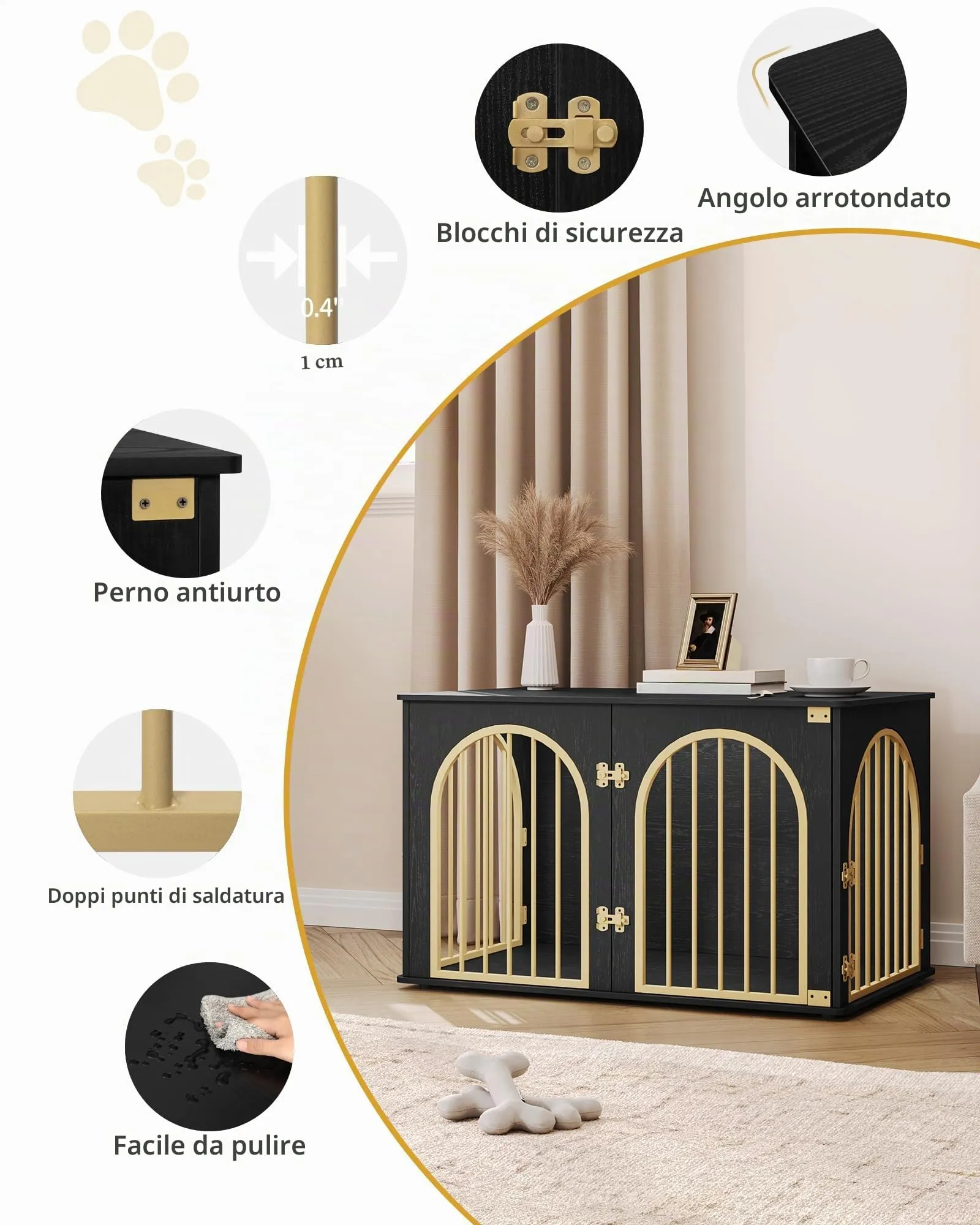Hzuaneri 100cm Gabbia per Cani, Tavolo Supplemento, Cuccia Moderna per Cani Interno, Kennel cane Medio, Casetta per Animali, 3 porte, Porta ad arco, 60 x 100 x 63 cm, Oro Nero DFC84104A - immagine 6