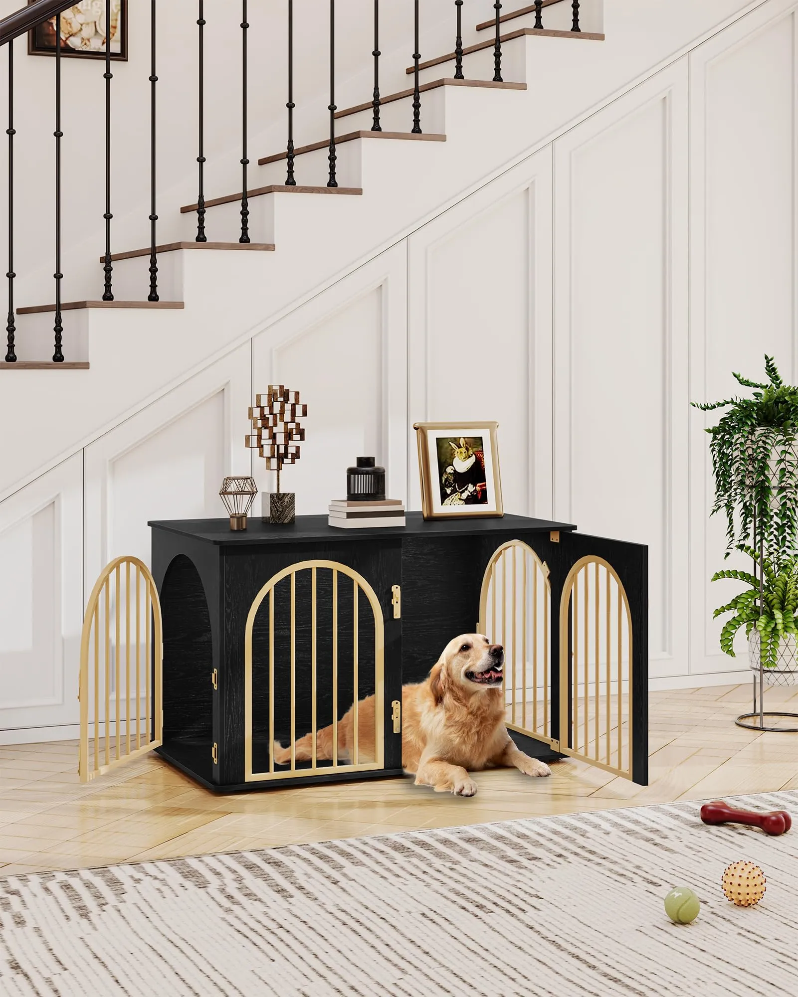 Hzuaneri 100cm Gabbia per Cani, Tavolo Supplemento, Cuccia Moderna per Cani Interno, Kennel cane Medio, Casetta per Animali, 3 porte, Porta ad arco, 60 x 100 x 63 cm, Oro Nero DFC84104A - immagine 7
