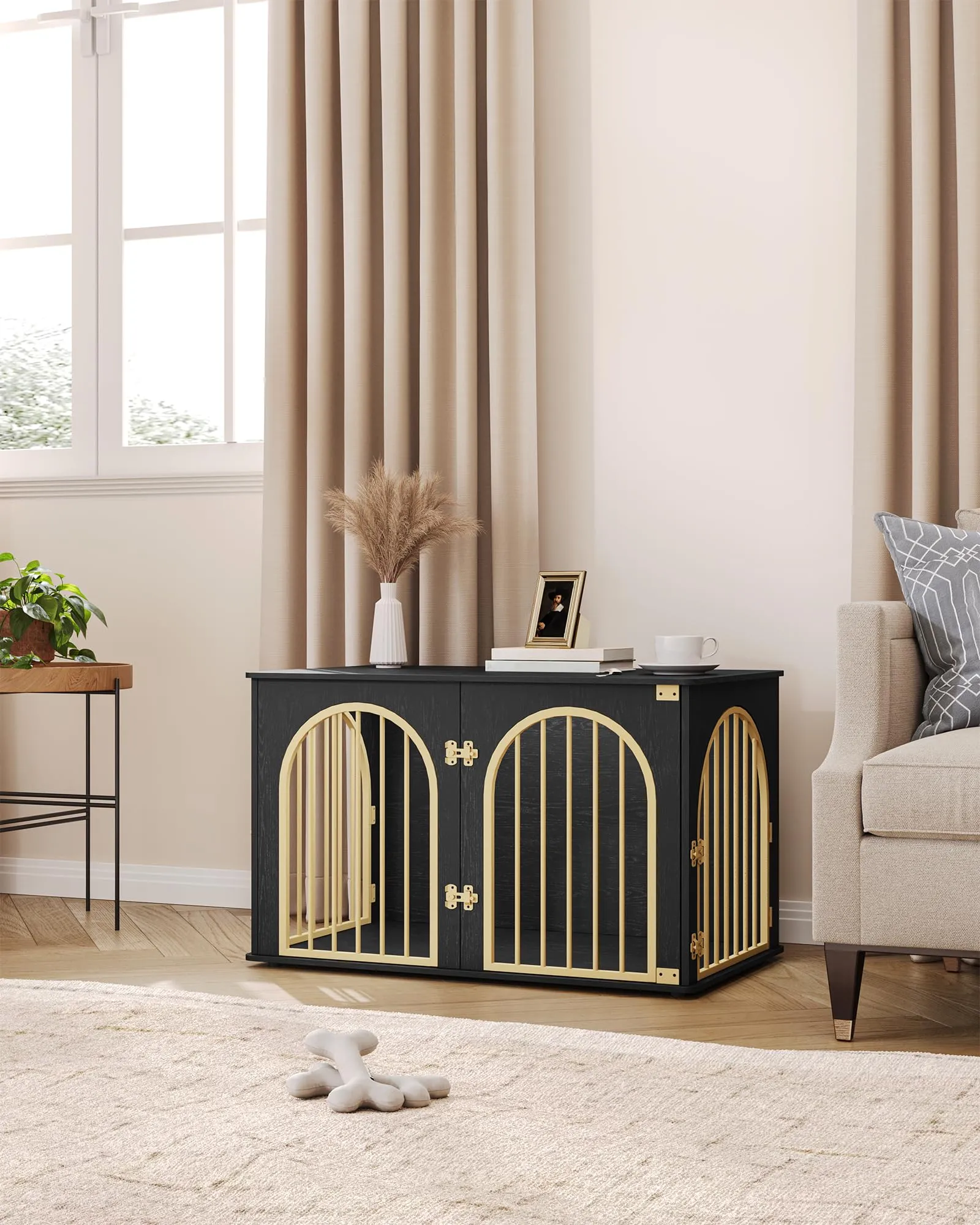 Hzuaneri 100cm Gabbia per Cani, Tavolo Supplemento, Cuccia Moderna per Cani Interno, Kennel cane Medio, Casetta per Animali, 3 porte, Porta ad arco, 60 x 100 x 63 cm, Oro Nero DFC84104A - immagine 8