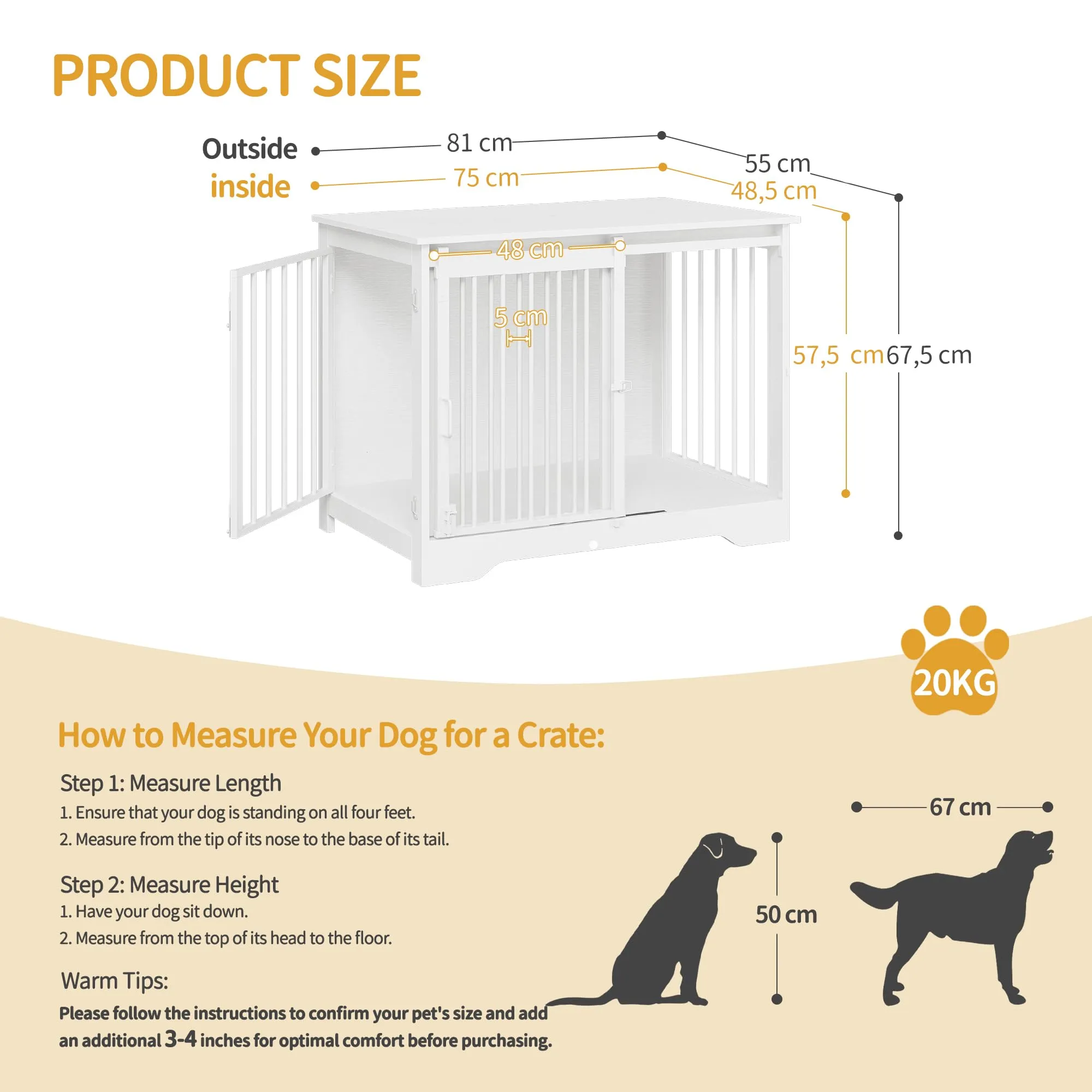 Hzuaneri 81cm Gabbia per Cani, Tavolo Supplemento, Nicchia Moderna per Cani, Gabbia per Cuccioli, Casetta per Animali, 2 porte, 55 x 81 x 67,5 cm, Bianco DFC83613W - immagine 2