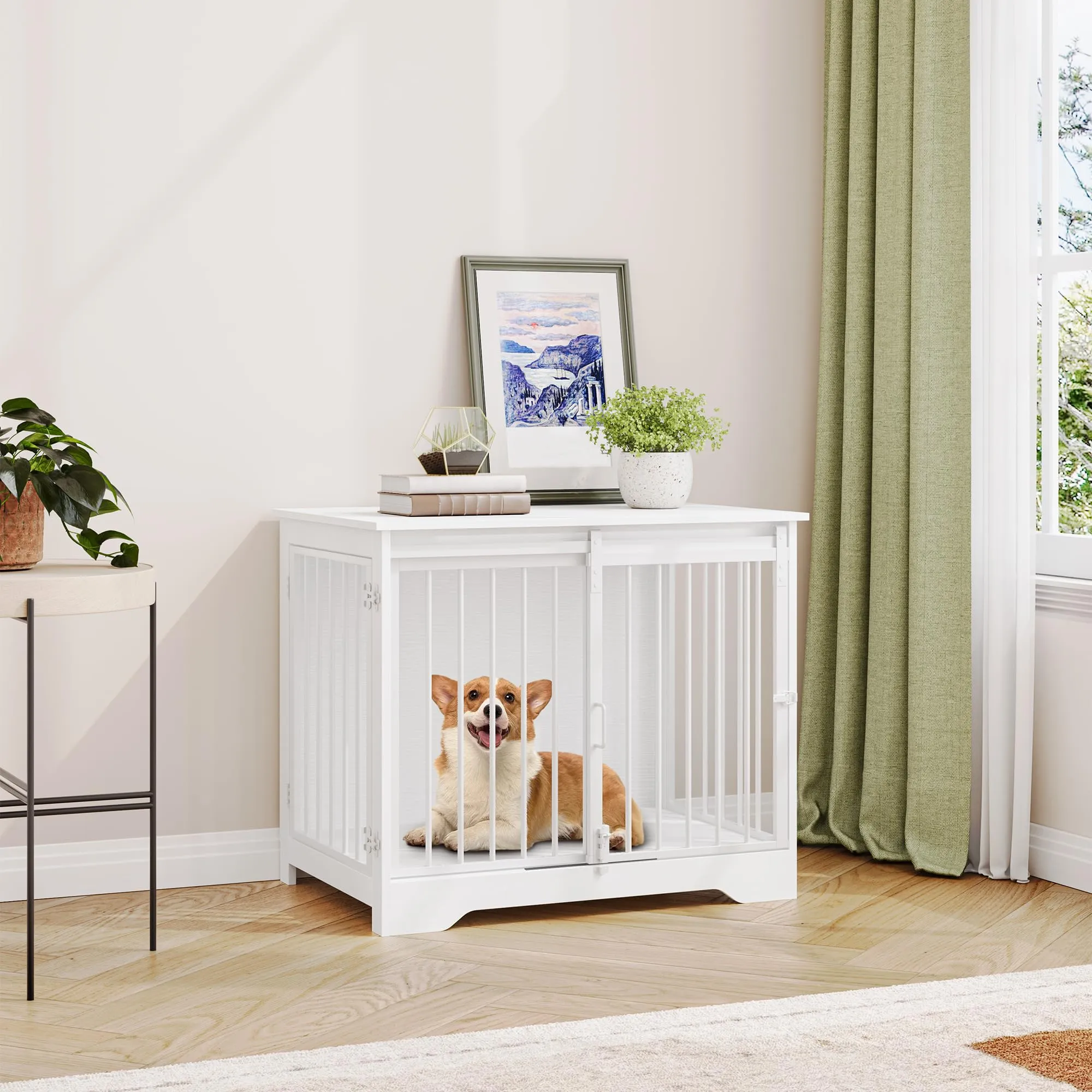 Hzuaneri 81cm Gabbia per Cani, Tavolo Supplemento, Nicchia Moderna per Cani, Gabbia per Cuccioli, Casetta per Animali, 2 porte, 55 x 81 x 67,5 cm, Bianco DFC83613W - immagine 7