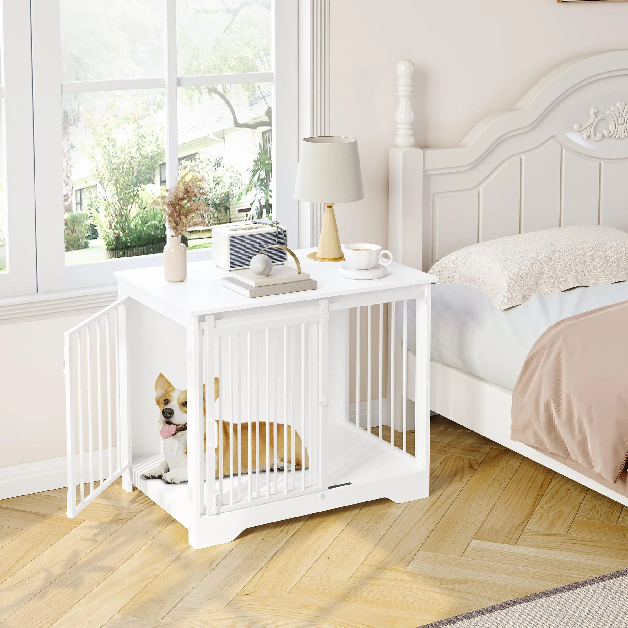 Hzuaneri 81cm Gabbia per Cani, Tavolo Supplemento, Nicchia Moderna per Cani, Gabbia per Cuccioli, Casetta per Animali, 2 porte, 55 x 81 x 67,5 cm, Bianco DFC83613W - immagine 8