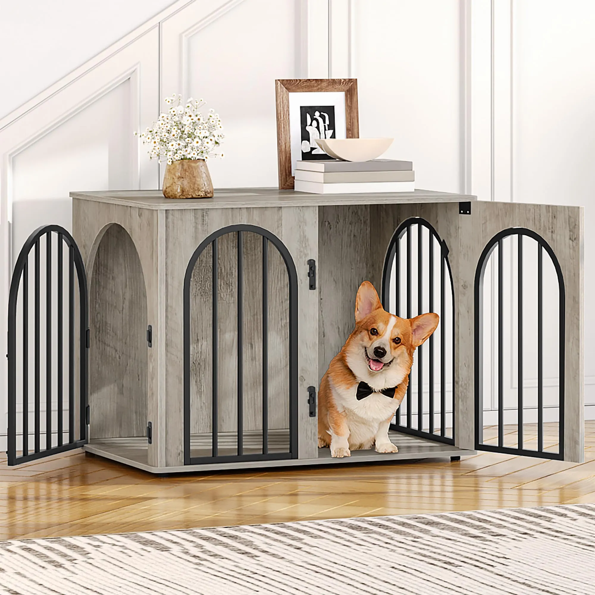 Hzuaneri 80 cm Gabbia per Cani, Tavolo Supplemento, Cuccia Moderna per Cani Interno, Gabbia per Cuccioli, Casetta per Animali, 3 Porte, Porta ad Arco, 56 x 80 x 61 cm, Avorio Chiaro DFC85105B - immagine 1