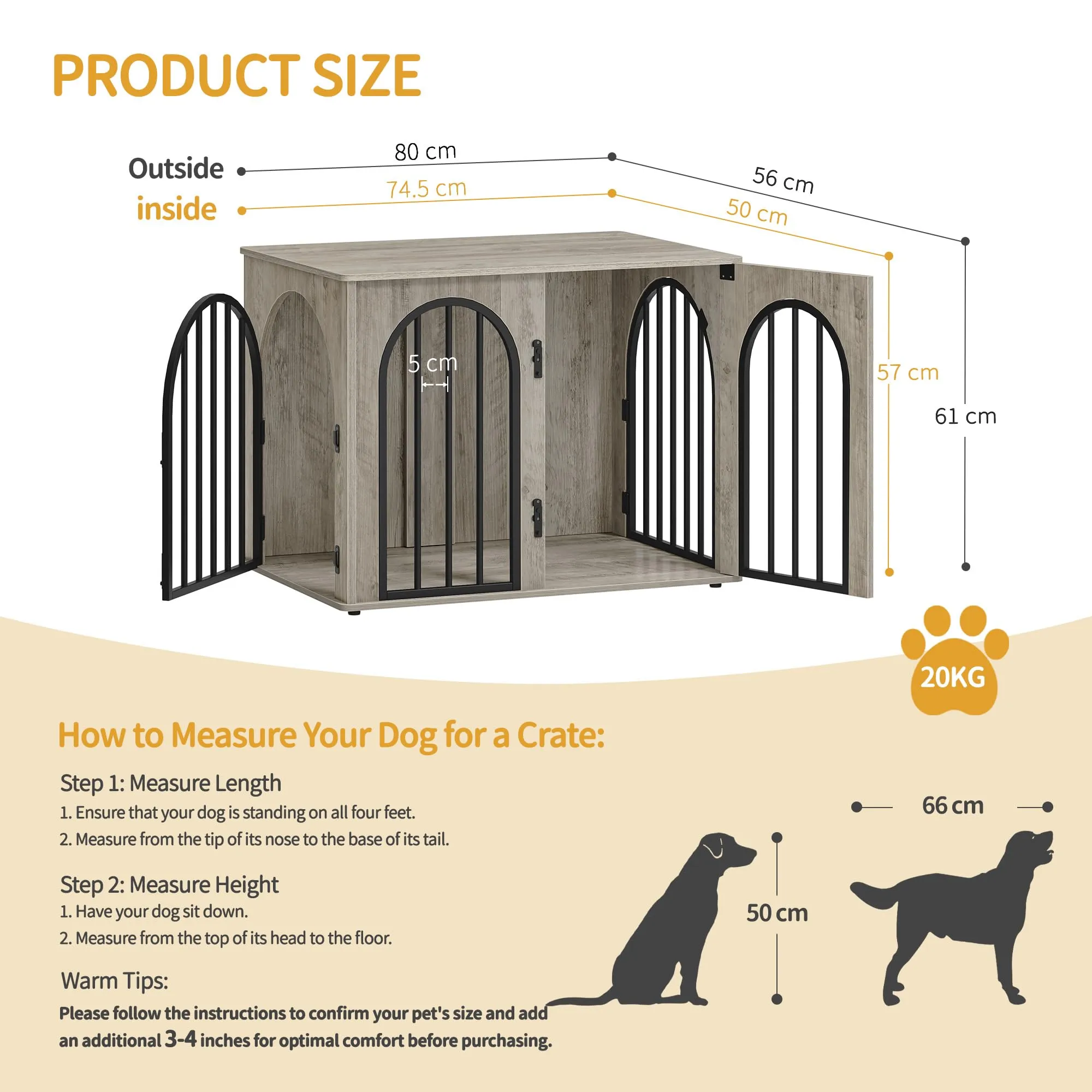 Hzuaneri 80 cm Gabbia per Cani, Tavolo Supplemento, Cuccia Moderna per Cani Interno, Gabbia per Cuccioli, Casetta per Animali, 3 Porte, Porta ad Arco, 56 x 80 x 61 cm, Avorio Chiaro DFC85105B - immagine 2