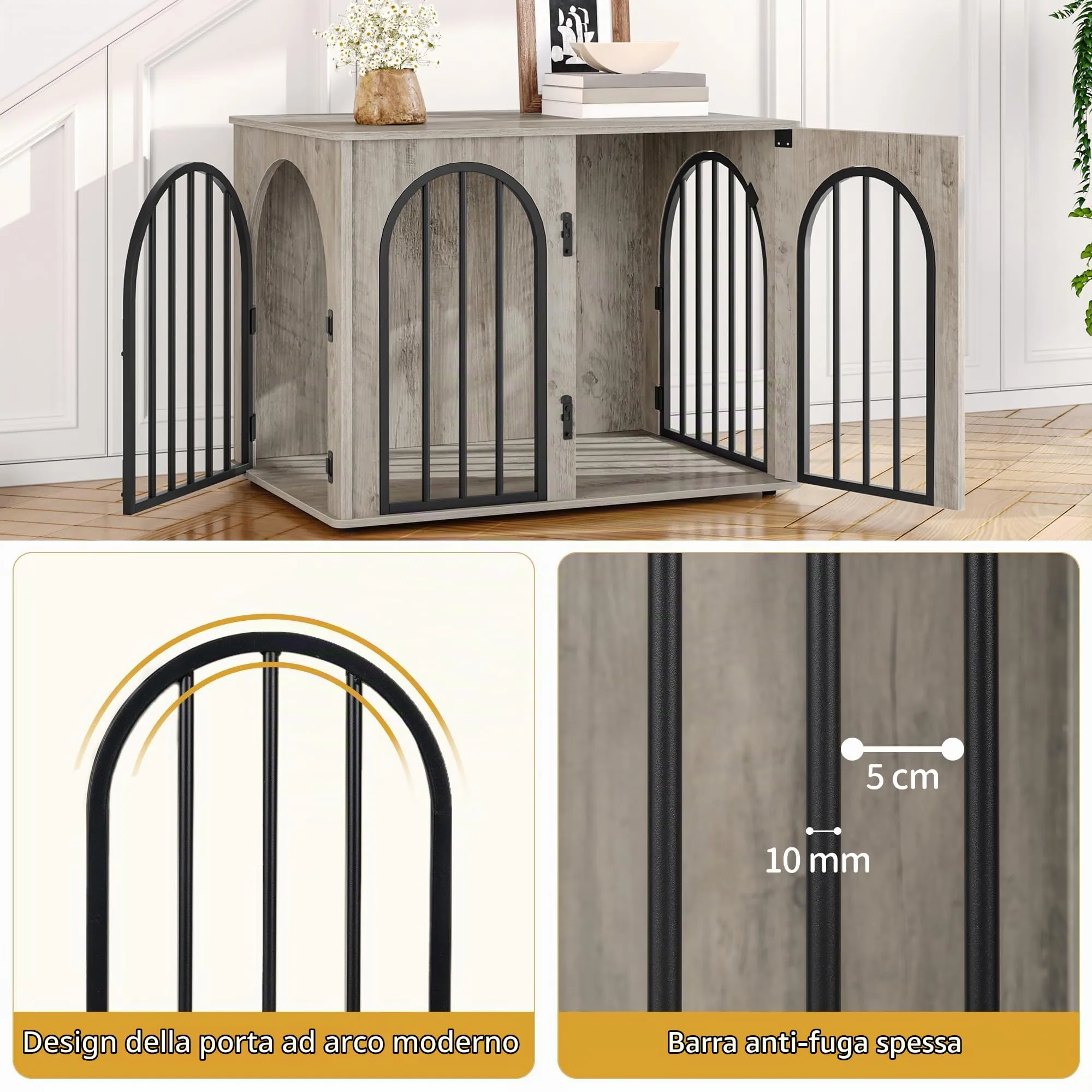 Hzuaneri 80 cm Gabbia per Cani, Tavolo Supplemento, Cuccia Moderna per Cani Interno, Gabbia per Cuccioli, Casetta per Animali, 3 Porte, Porta ad Arco, 56 x 80 x 61 cm, Avorio Chiaro DFC85105B - immagine 3