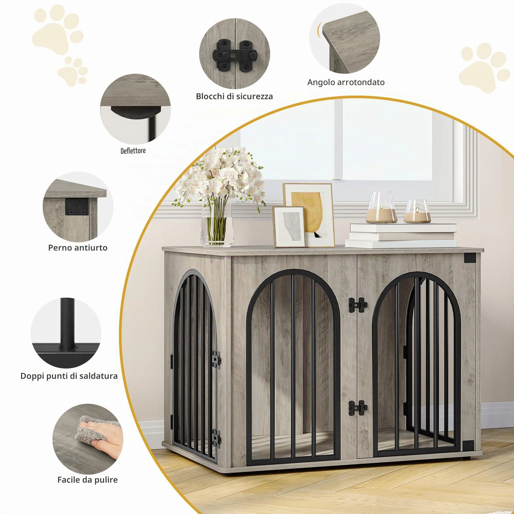 Hzuaneri 80 cm Gabbia per Cani, Tavolo Supplemento, Cuccia Moderna per Cani Interno, Gabbia per Cuccioli, Casetta per Animali, 3 Porte, Porta ad Arco, 56 x 80 x 61 cm, Avorio Chiaro DFC85105B - immagine 6