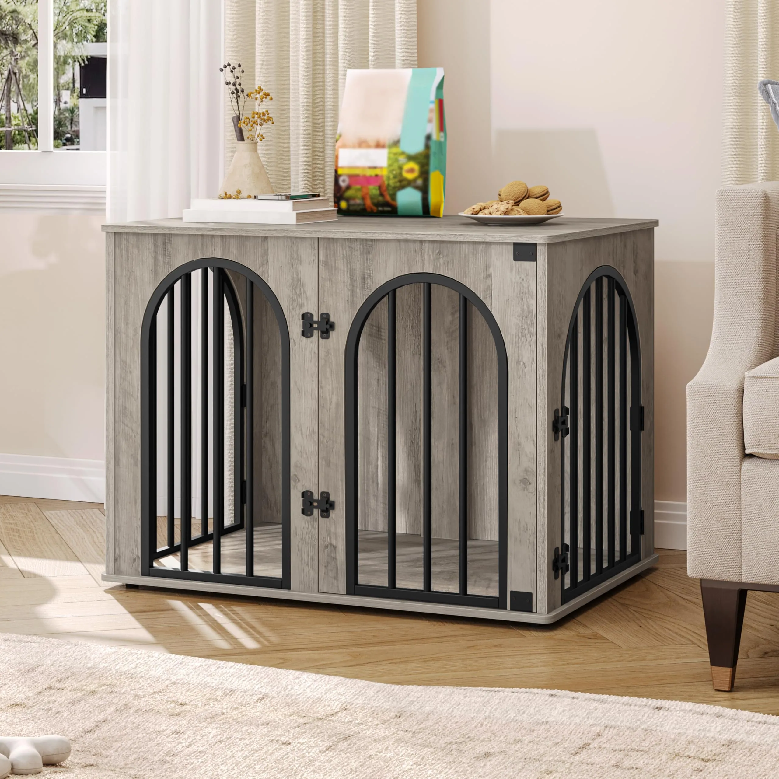 Hzuaneri 80 cm Gabbia per Cani, Tavolo Supplemento, Cuccia Moderna per Cani Interno, Gabbia per Cuccioli, Casetta per Animali, 3 Porte, Porta ad Arco, 56 x 80 x 61 cm, Avorio Chiaro DFC85105B - immagine 7