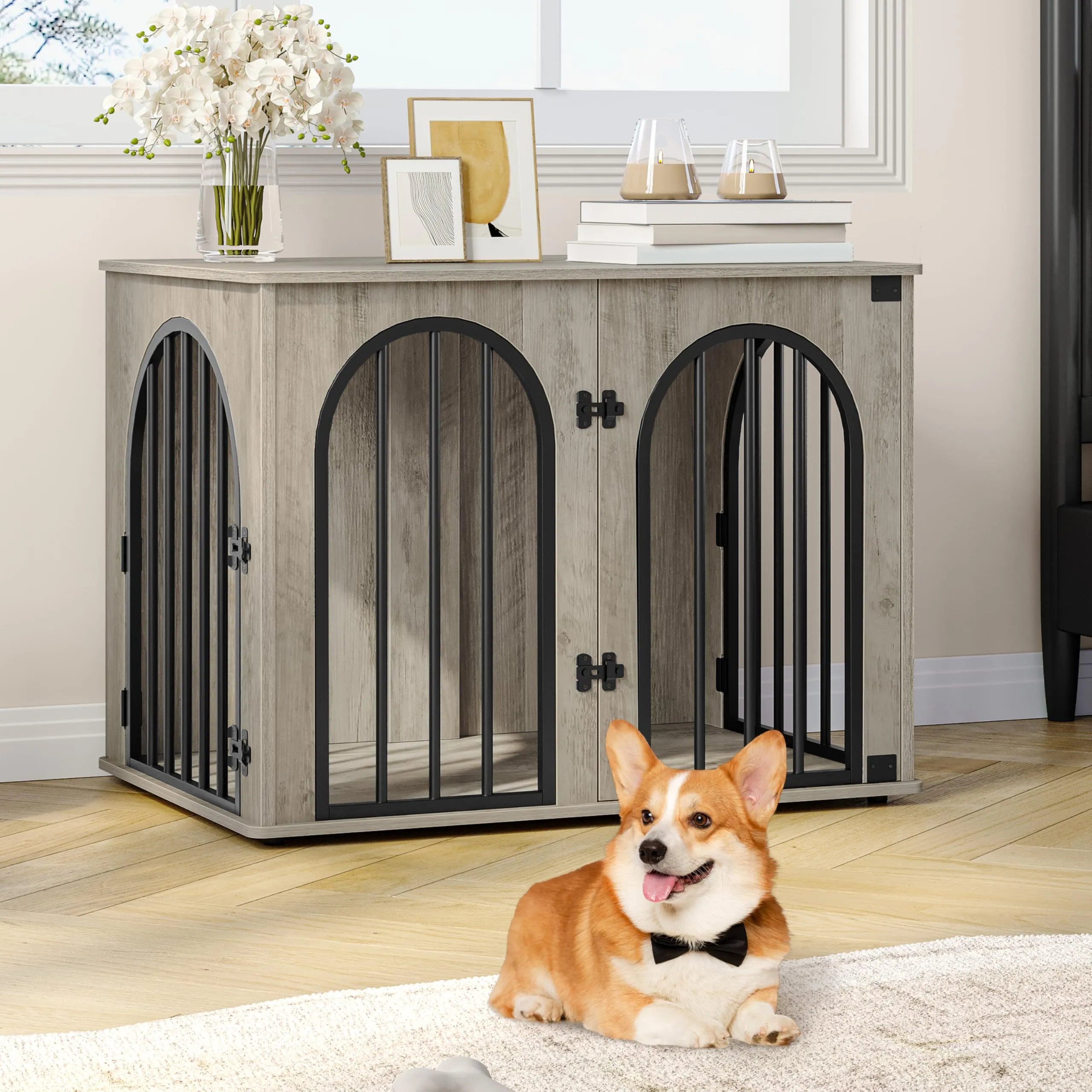 Hzuaneri 80 cm Gabbia per Cani, Tavolo Supplemento, Cuccia Moderna per Cani Interno, Gabbia per Cuccioli, Casetta per Animali, 3 Porte, Porta ad Arco, 56 x 80 x 61 cm, Avorio Chiaro DFC85105B - immagine 8