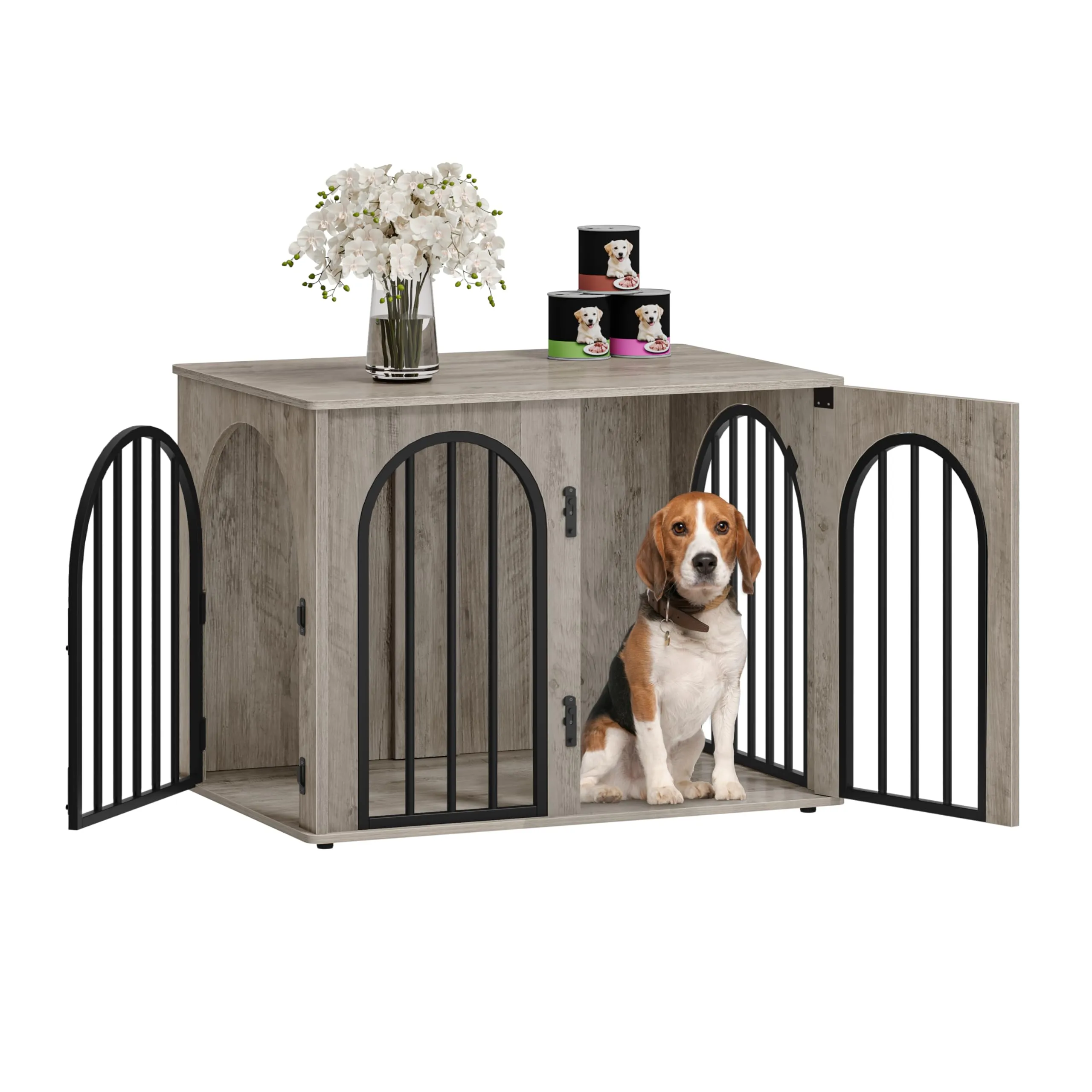 Hzuaneri 80 cm Gabbia per Cani, Tavolo Supplemento, Cuccia Moderna per Cani Interno, Gabbia per Cuccioli, Casetta per Animali, 3 Porte, Porta ad Arco, 56 x 80 x 61 cm, Avorio Chiaro DFC85105B - immagine 9