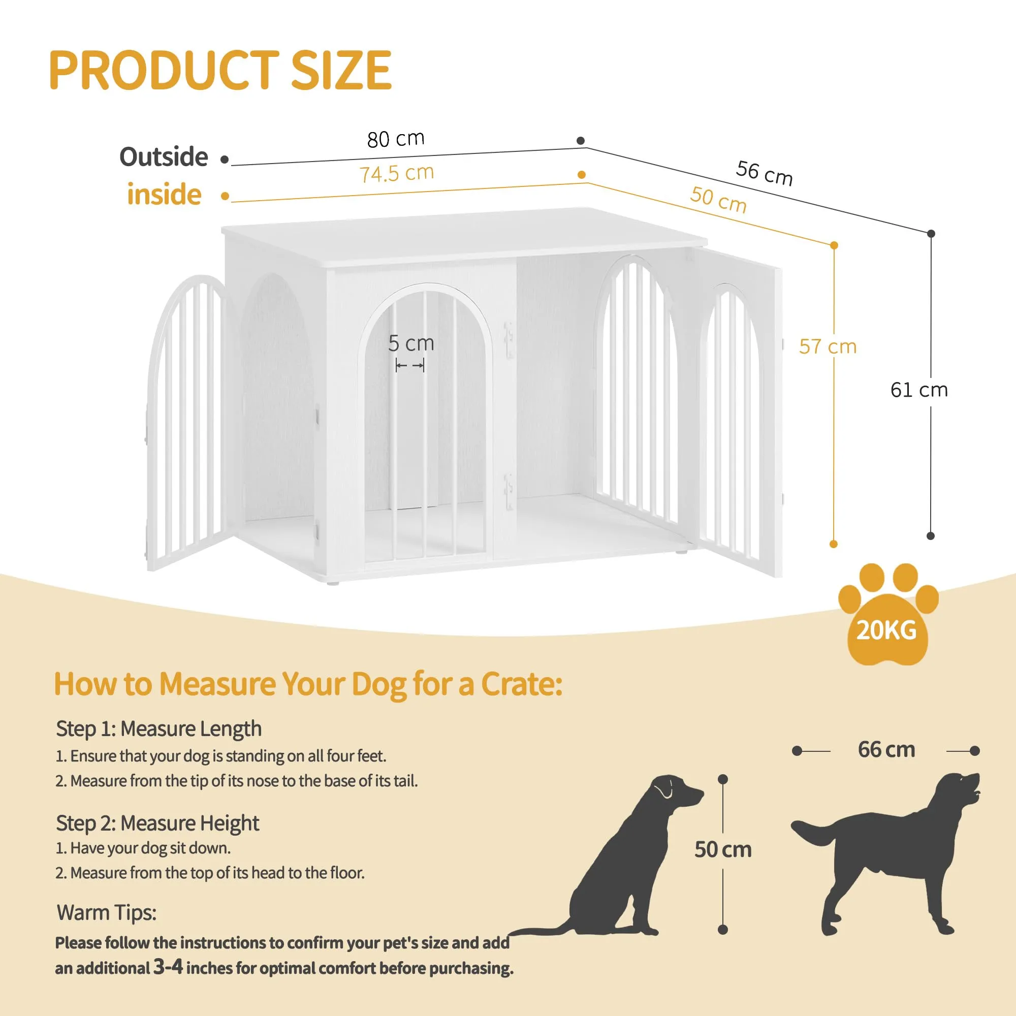 Hzuaneri 80 cm Gabbia per Cani, Bianco Tavolo Supplemento - immagine 2
