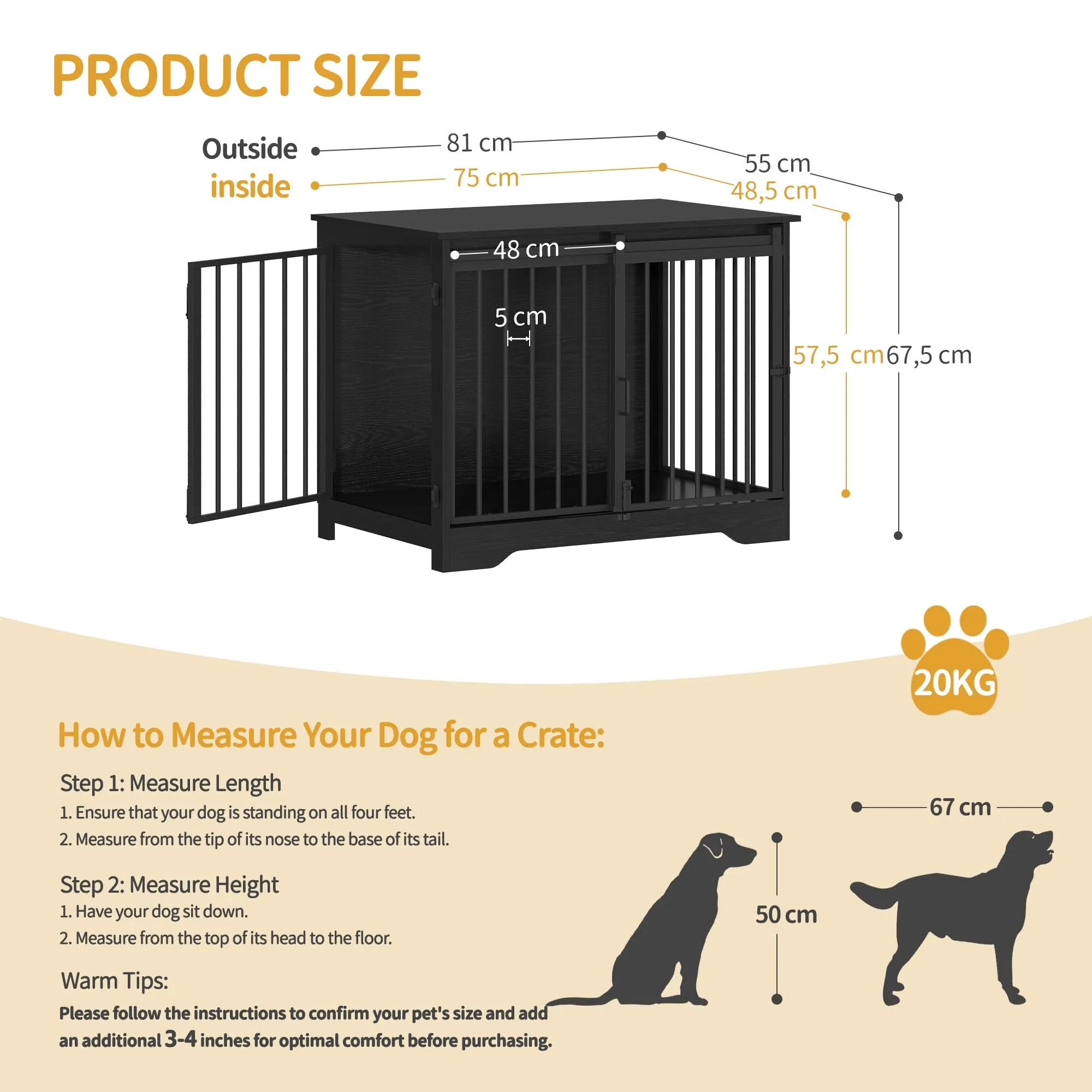 Hzuaneri 81cm Gabbia per Cani, Tavolo Supplemento, Nicchia Moderna per Cani, Gabbia per Cuccioli, Casetta per Animali, 2 porte, 55 x 81 x 67,5 cm, Nero DFC83604B - immagine 2