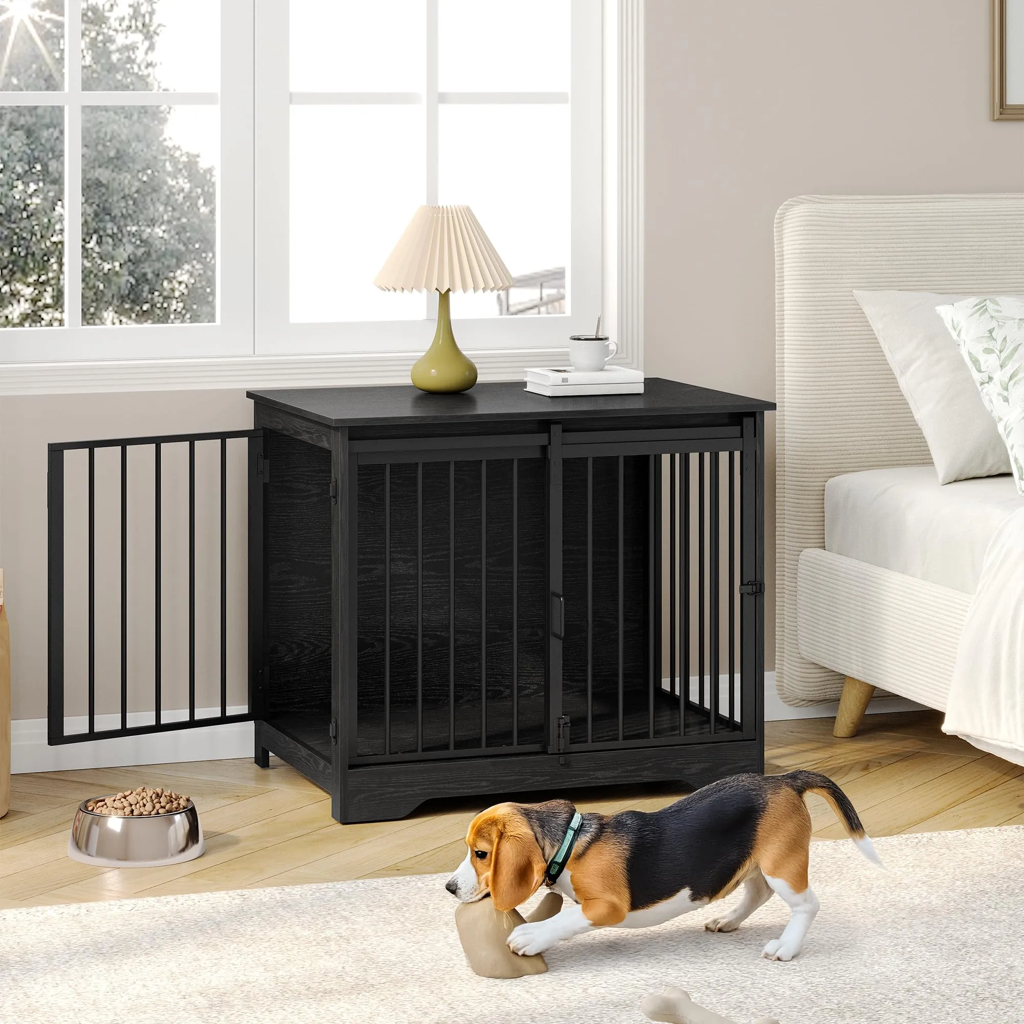 Hzuaneri 81cm Gabbia per Cani, Tavolo Supplemento, Nicchia Moderna per Cani, Gabbia per Cuccioli, Casetta per Animali, 2 porte, 55 x 81 x 67,5 cm, Nero DFC83604B - immagine 3