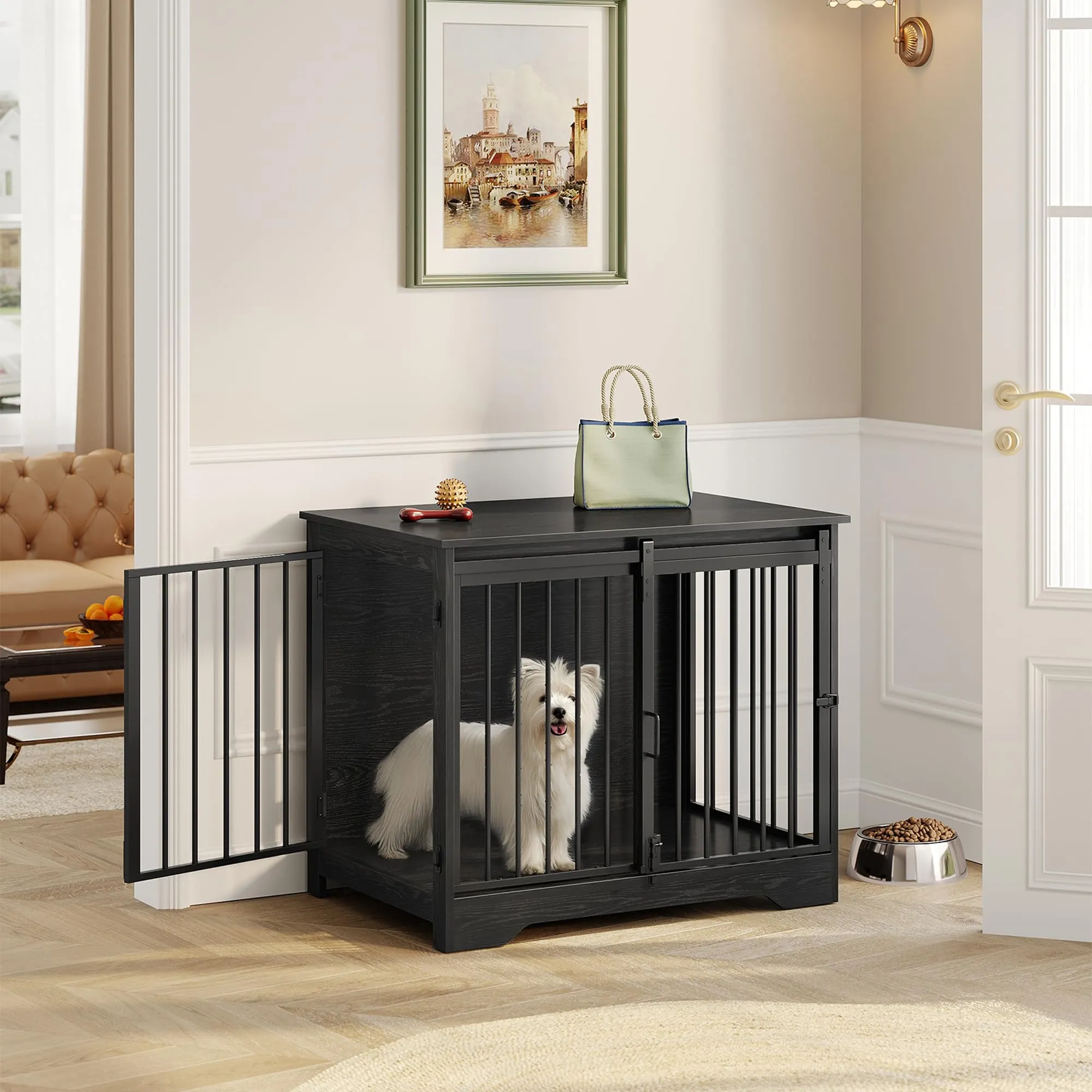 Hzuaneri 81cm Gabbia per Cani, Tavolo Supplemento, Nicchia Moderna per Cani, Gabbia per Cuccioli, Casetta per Animali, 2 porte, 55 x 81 x 67,5 cm, Nero DFC83604B - immagine 5