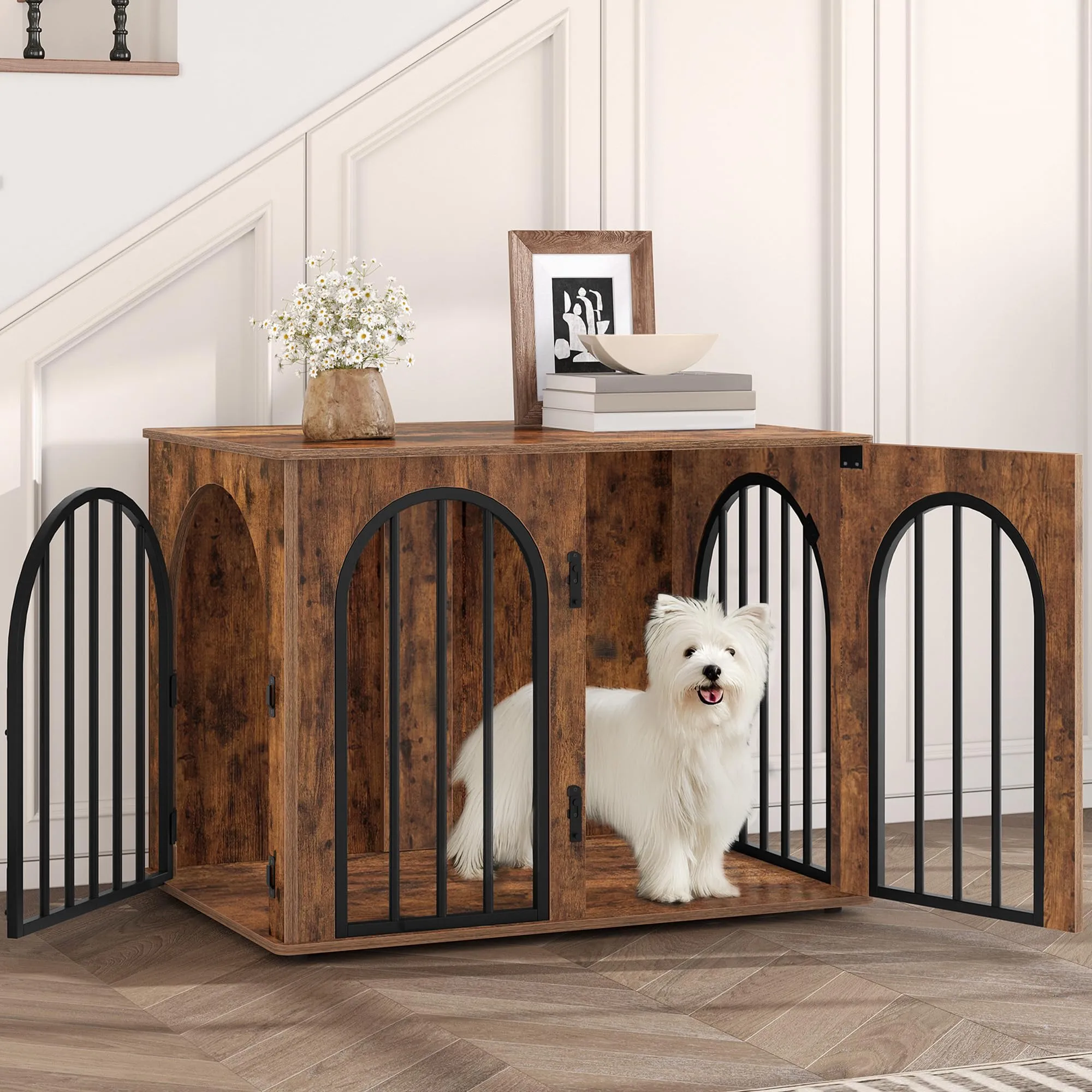 Hzuaneri 80 cm Gabbia per Cani, Tavolo Supplemento, Cuccia Moderna per Cani Interno, Gabbia per Cuccioli, Casetta per Animali, 3 porte, Porta ad arco, 56 x 80 x 61 cm, Marrone Rustico DFC85101B - immagine 1