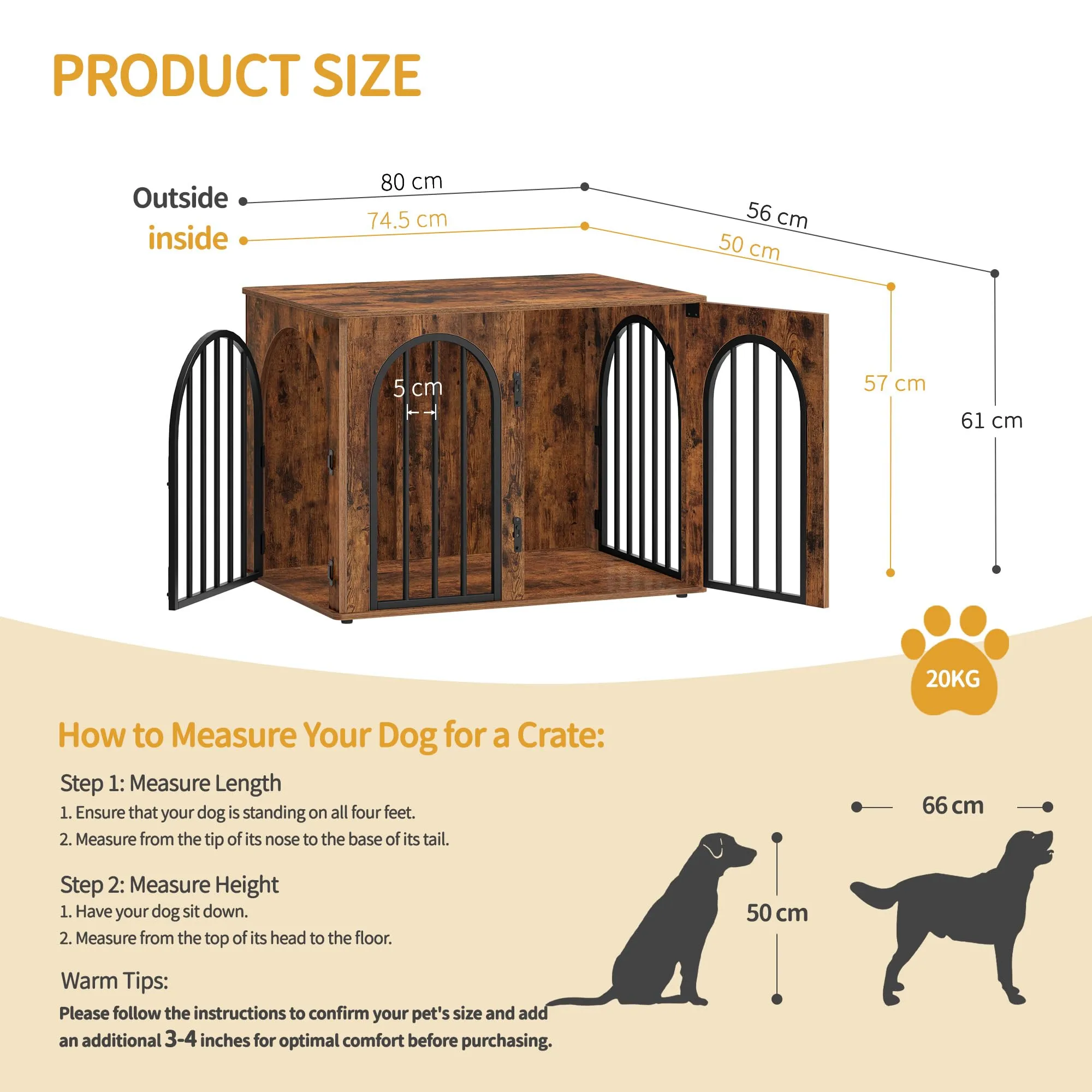 Hzuaneri 80 cm Gabbia per Cani, Tavolo Supplemento, Cuccia Moderna per Cani Interno, Gabbia per Cuccioli, Casetta per Animali, 3 porte, Porta ad arco, 56 x 80 x 61 cm, Marrone Rustico DFC85101B - immagine 2