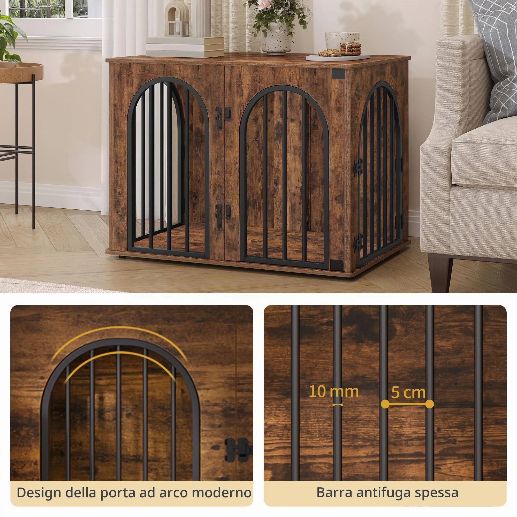 Hzuaneri 80 cm Gabbia per Cani, Tavolo Supplemento, Cuccia Moderna per Cani Interno, Gabbia per Cuccioli, Casetta per Animali, 3 porte, Porta ad arco, 56 x 80 x 61 cm, Marrone Rustico DFC85101B - immagine 4