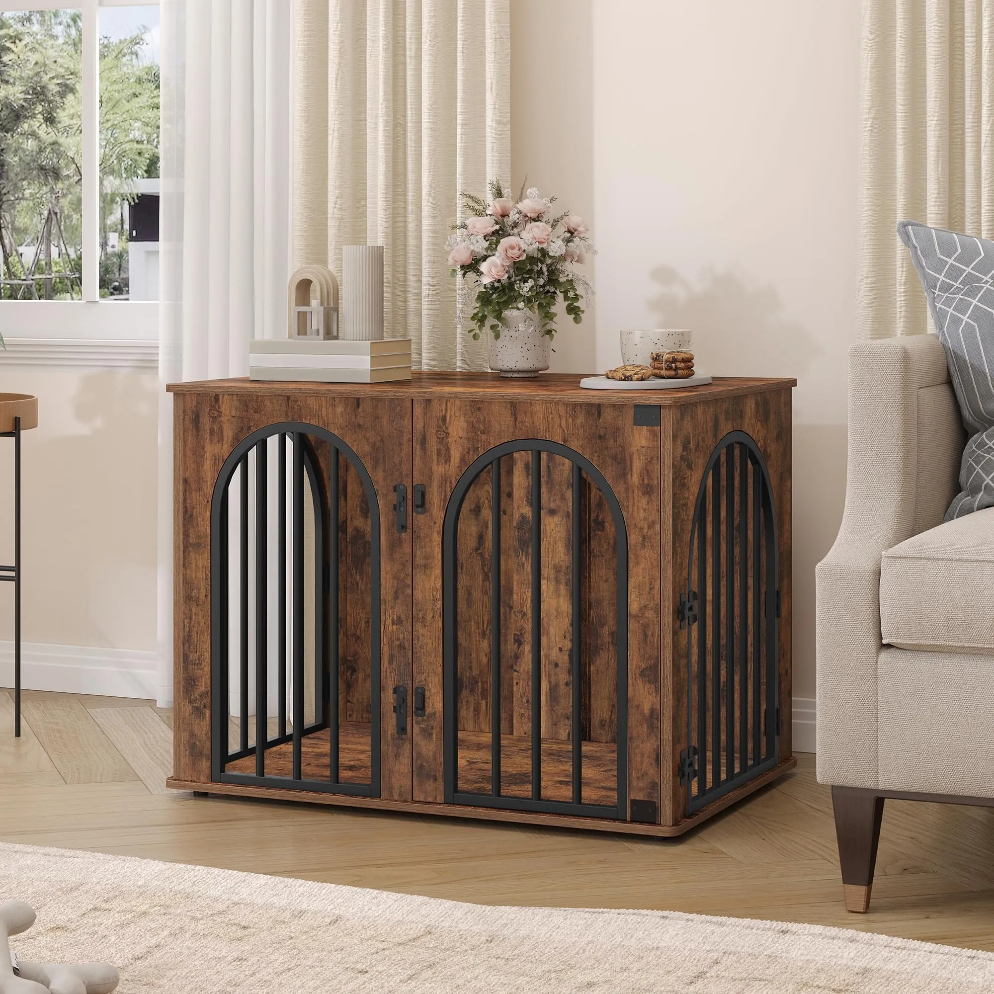 Hzuaneri 80 cm Gabbia per Cani, Tavolo Supplemento, Cuccia Moderna per Cani Interno, Gabbia per Cuccioli, Casetta per Animali, 3 porte, Porta ad arco, 56 x 80 x 61 cm, Marrone Rustico DFC85101B - immagine 6