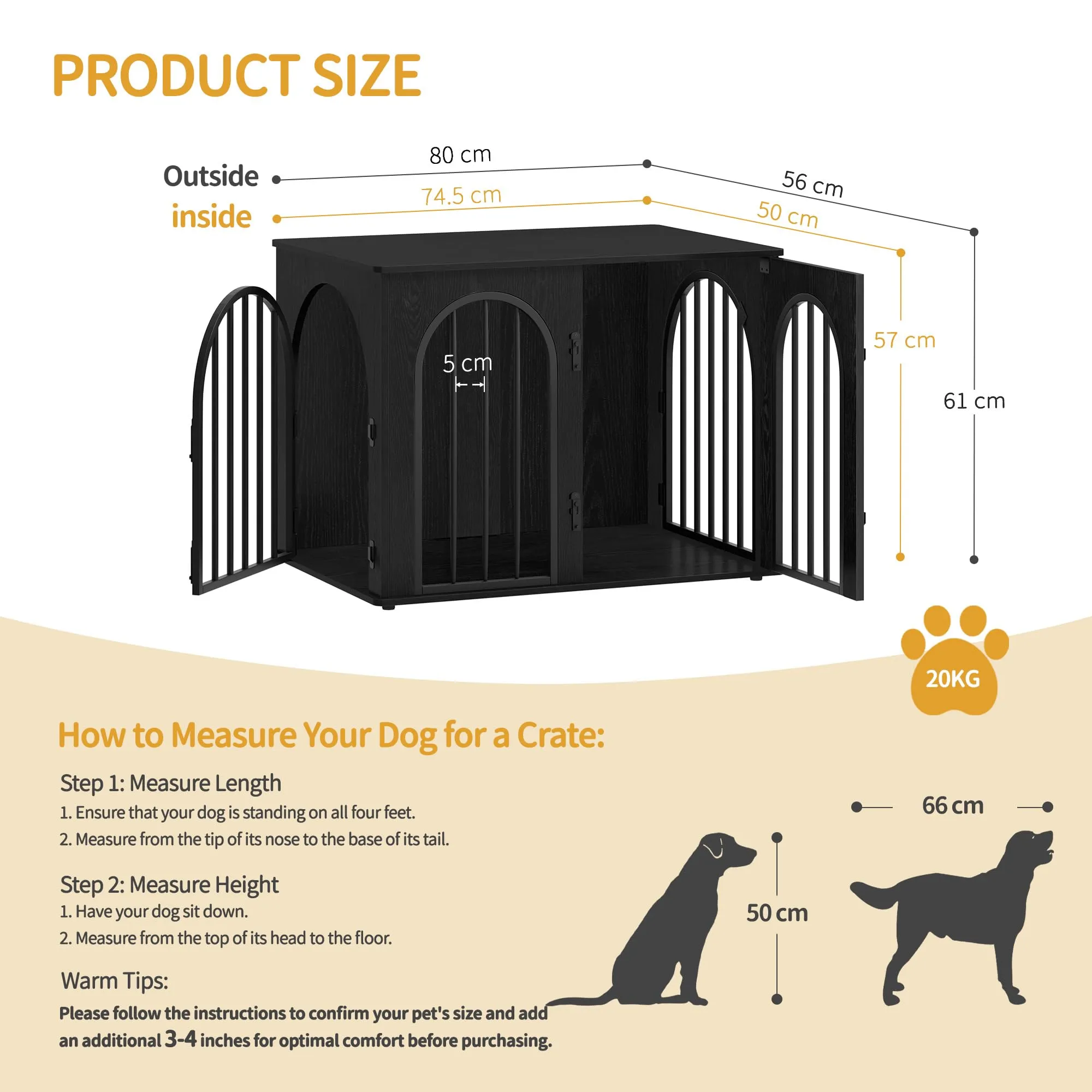 Hzuaneri 80 cm Gabbia per Cani, Tavolo Supplemento, Cuccia Moderna per Cani Interno, Gabbia per Cuccioli, Casetta per Animali, 3 porte, Porta ad arco, 56 x 80 x 61 cm, Nero DFC85104B - immagine 2