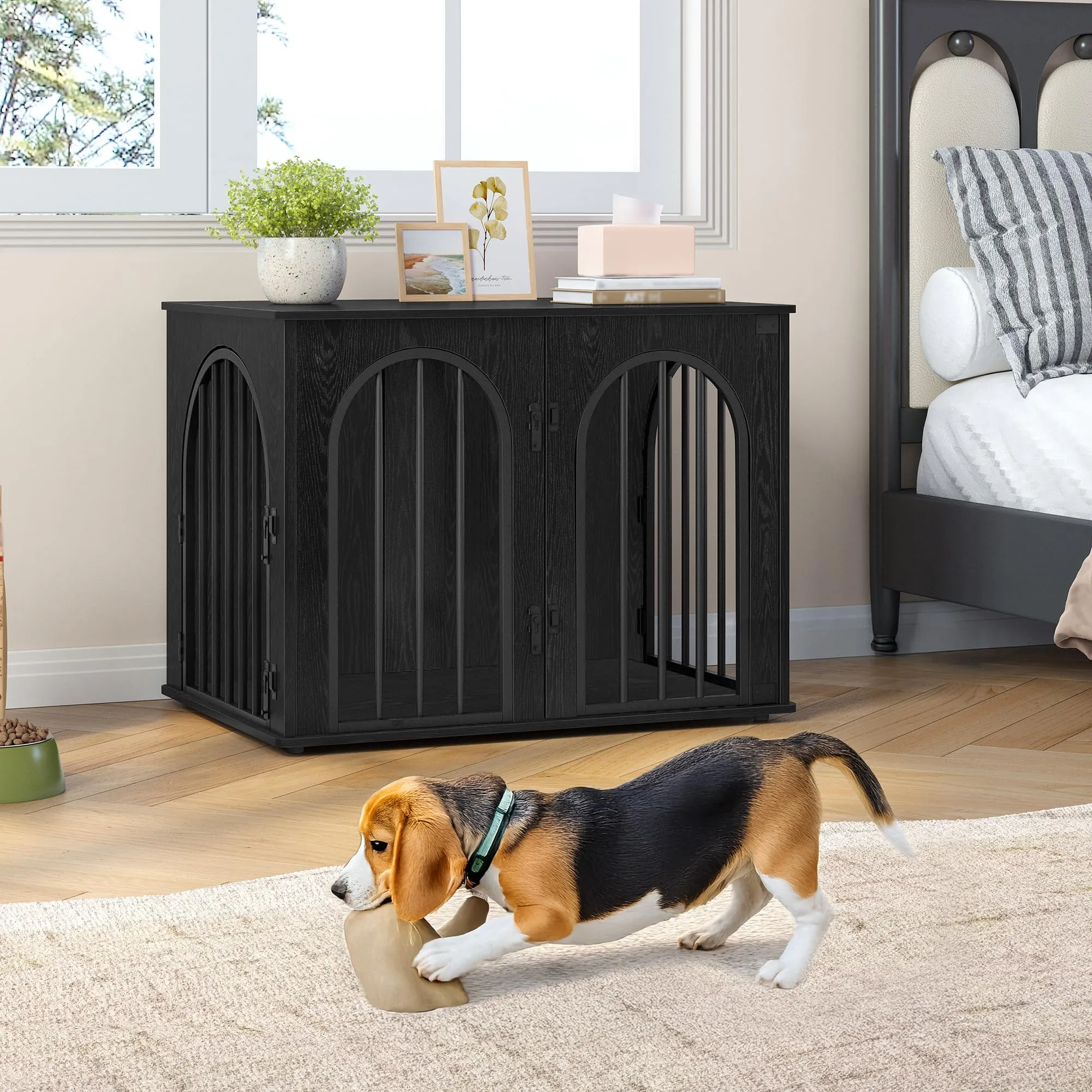 Hzuaneri 80 cm Gabbia per Cani, Tavolo Supplemento, Cuccia Moderna per Cani Interno, Gabbia per Cuccioli, Casetta per Animali, 3 porte, Porta ad arco, 56 x 80 x 61 cm, Nero DFC85104B - immagine 3