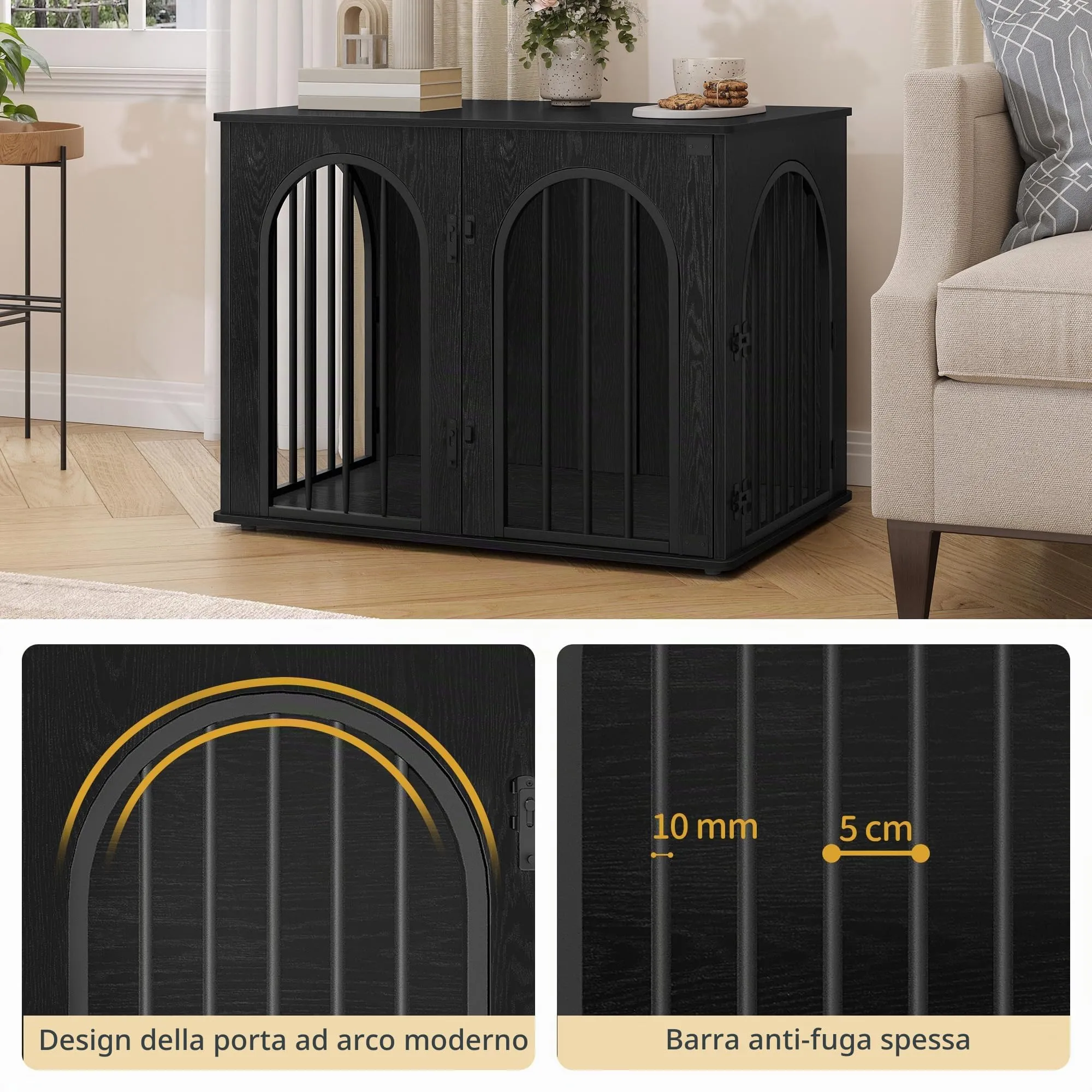 Hzuaneri 80 cm Gabbia per Cani, Tavolo Supplemento, Cuccia Moderna per Cani Interno, Gabbia per Cuccioli, Casetta per Animali, 3 porte, Porta ad arco, 56 x 80 x 61 cm, Nero DFC85104B - immagine 4