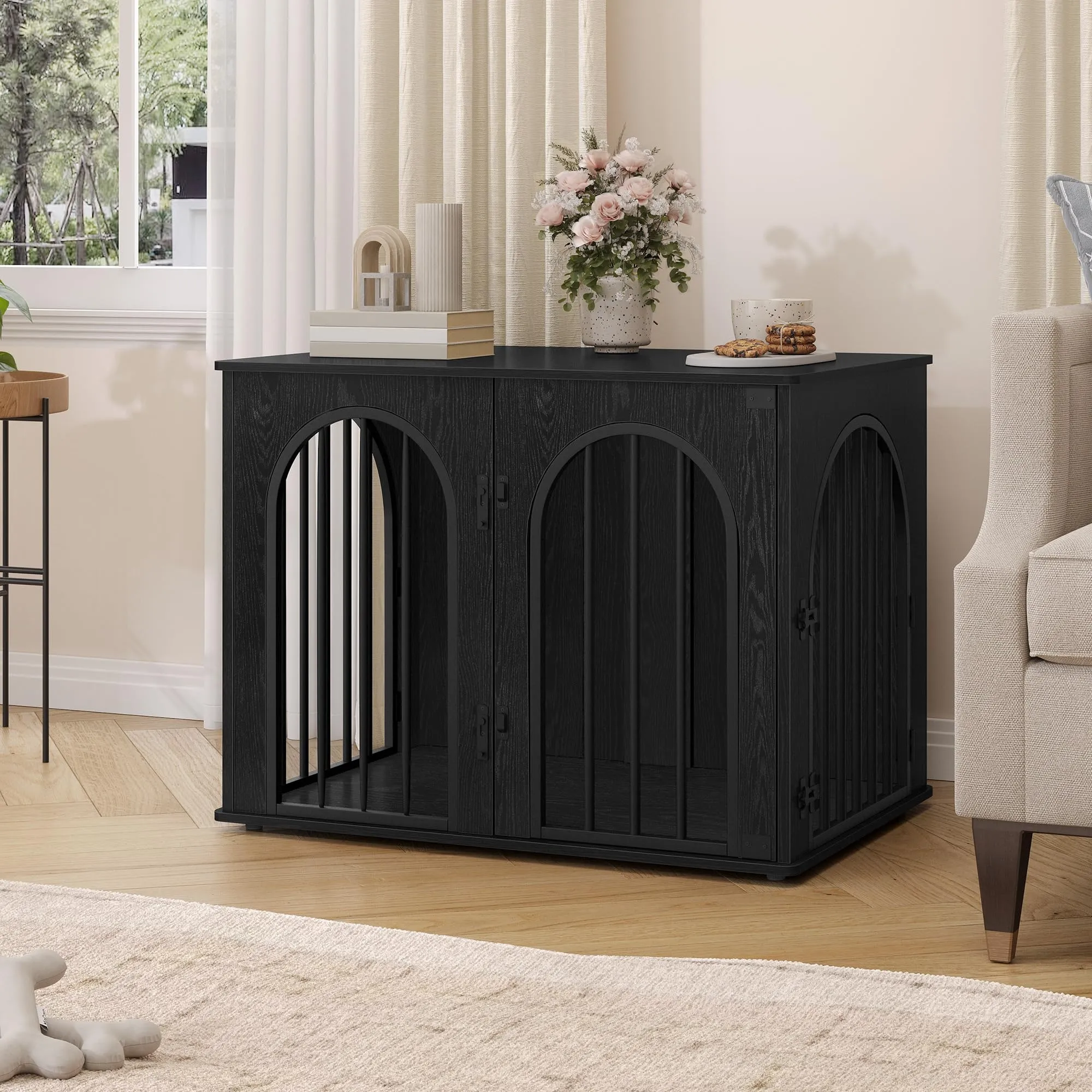 Hzuaneri 80 cm Gabbia per Cani, Tavolo Supplemento, Cuccia Moderna per Cani Interno, Gabbia per Cuccioli, Casetta per Animali, 3 porte, Porta ad arco, 56 x 80 x 61 cm, Nero DFC85104B - immagine 6