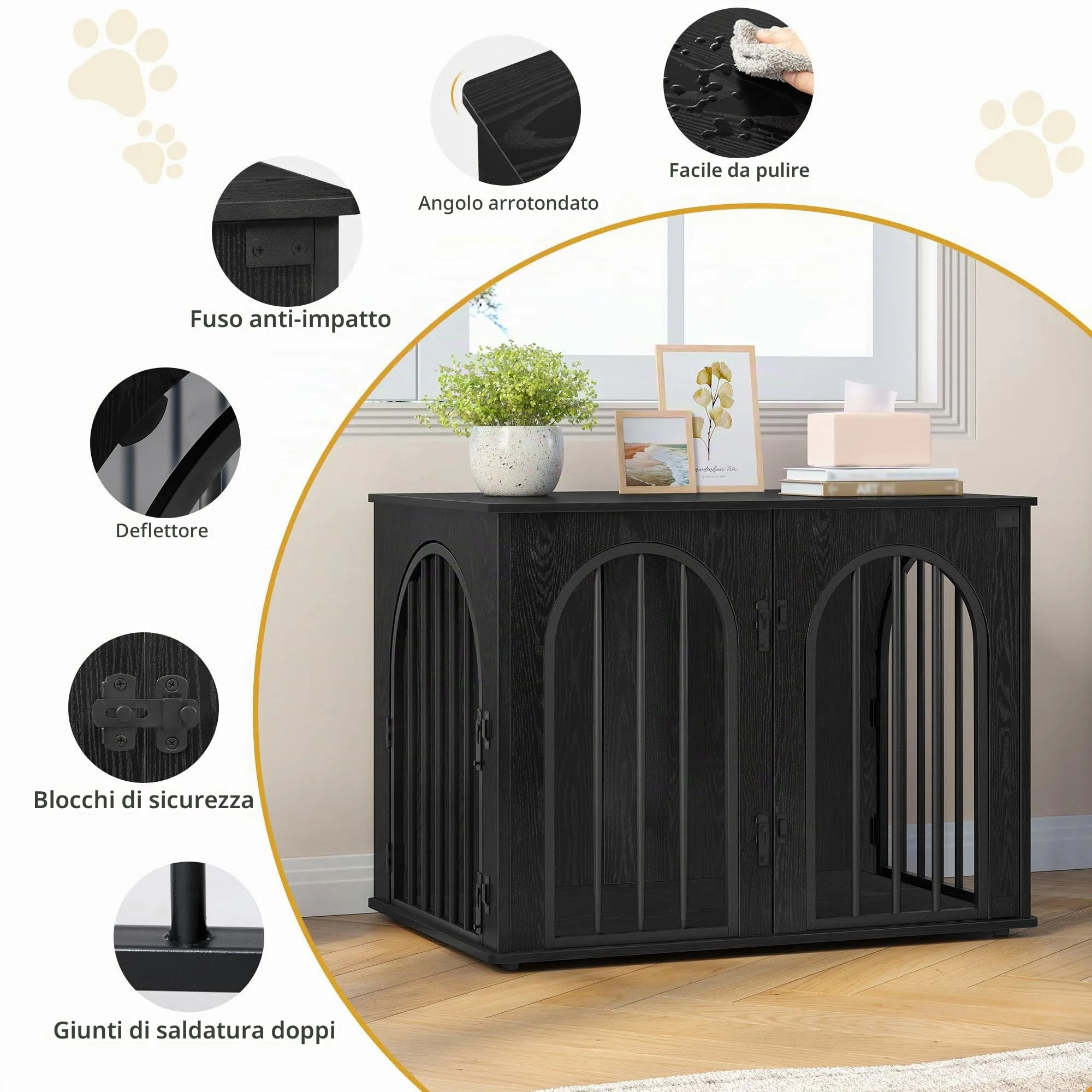 Hzuaneri 80 cm Gabbia per Cani, Tavolo Supplemento, Cuccia Moderna per Cani Interno, Gabbia per Cuccioli, Casetta per Animali, 3 porte, Porta ad arco, 56 x 80 x 61 cm, Nero DFC85104B - immagine 8