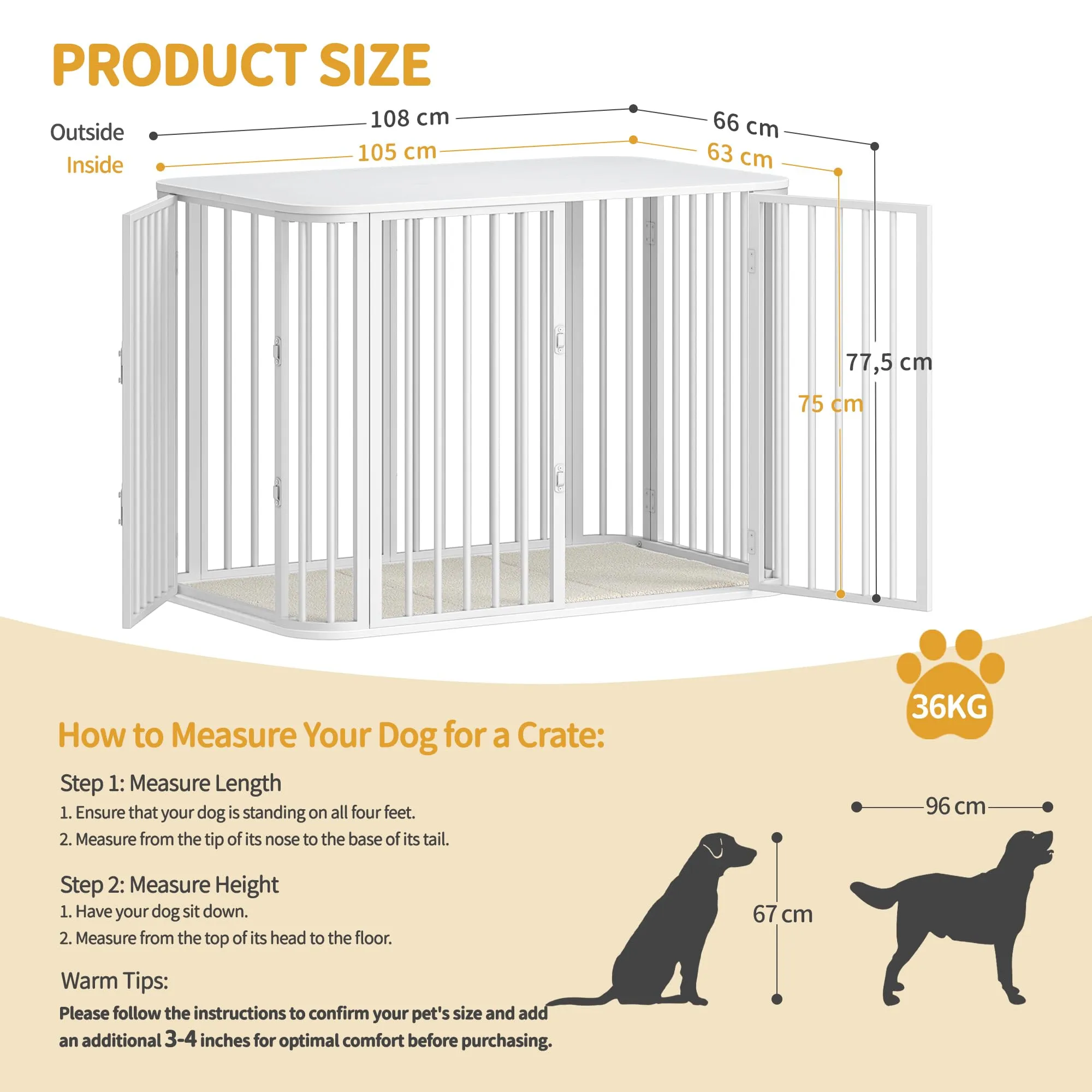 Hzuaneri Gabbia per Cani da Interno 108 cm, kennel Cane Medio con Cuscino, 3 Porte per Cani di Piccola Media, 66 x 108 x 77,5 cm, XXL, Bianco DFC86713W - immagine 8
