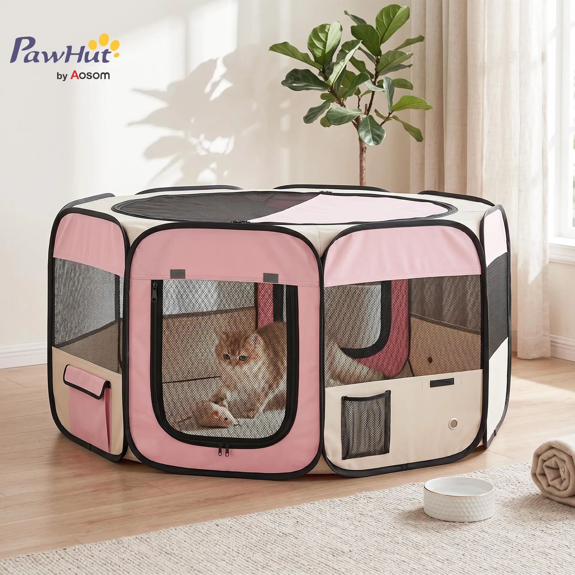 PawHut Recinto per gatti e cani in tessuto Oxford 600D Ø90x41cm Rosa - immagine 2