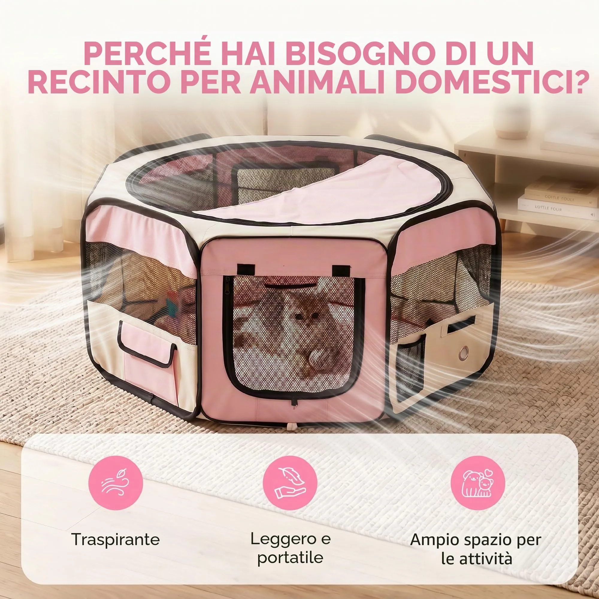PawHut Recinto per gatti e cani in tessuto Oxford 600D Ø90x41cm Rosa - immagine 3