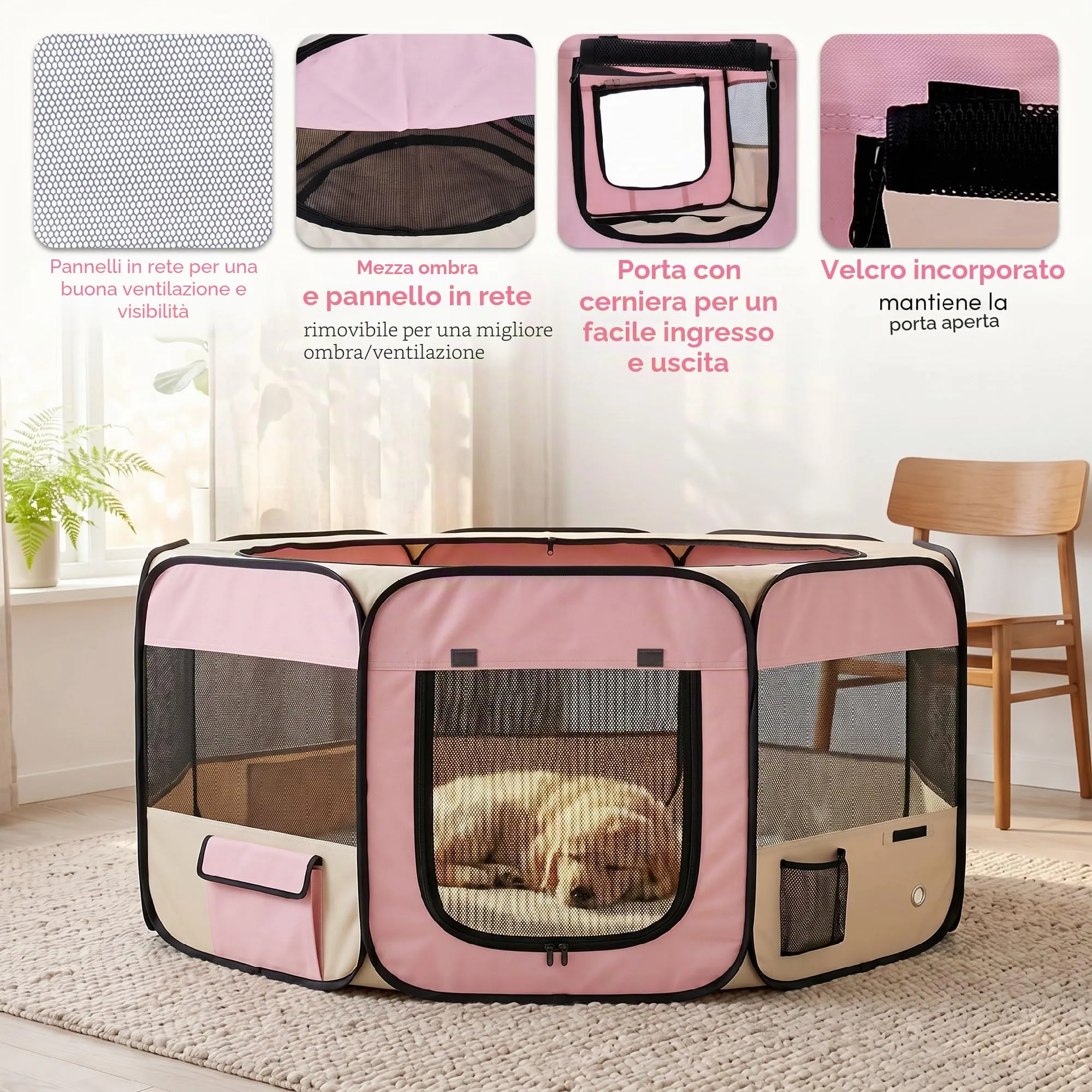 PawHut Recinto per gatti e cani in tessuto Oxford 600D Ø90x41cm Rosa - immagine 5