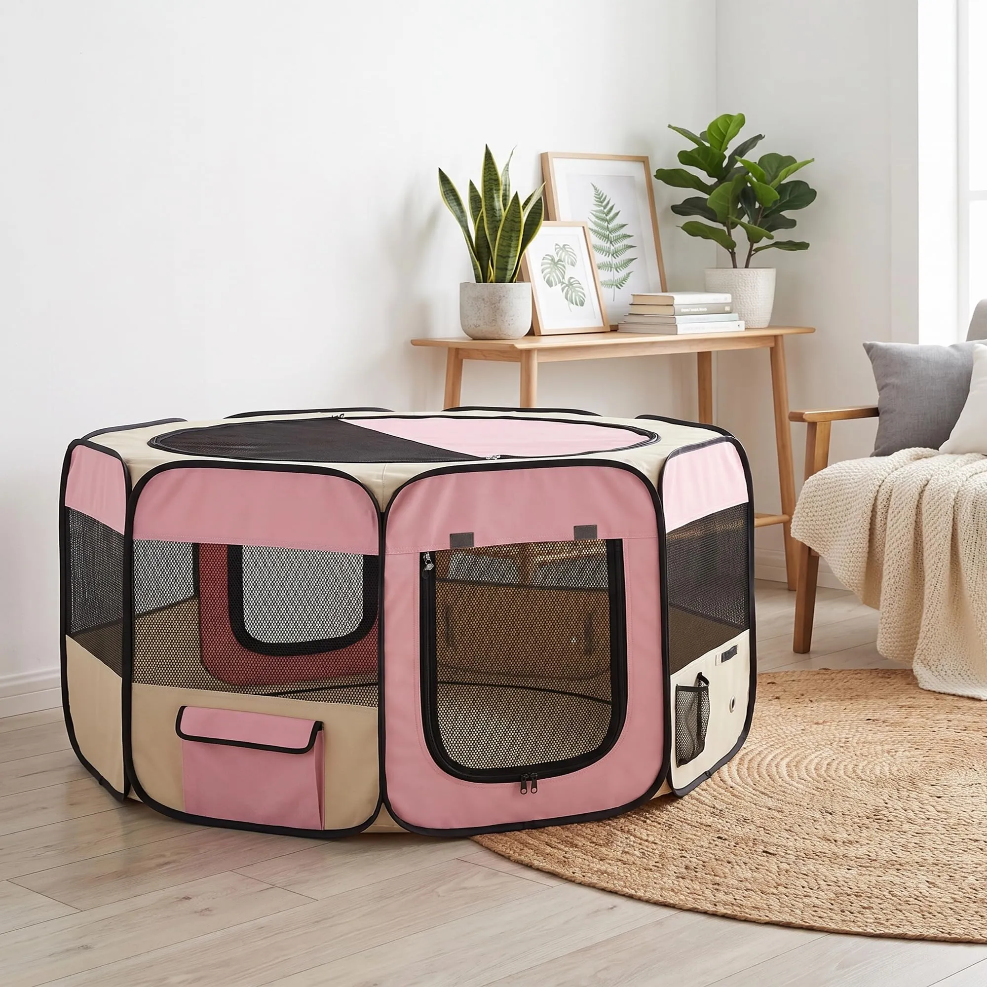 PawHut Recinto per gatti e cani in tessuto Oxford 600D Ø90x41cm Rosa - immagine 8