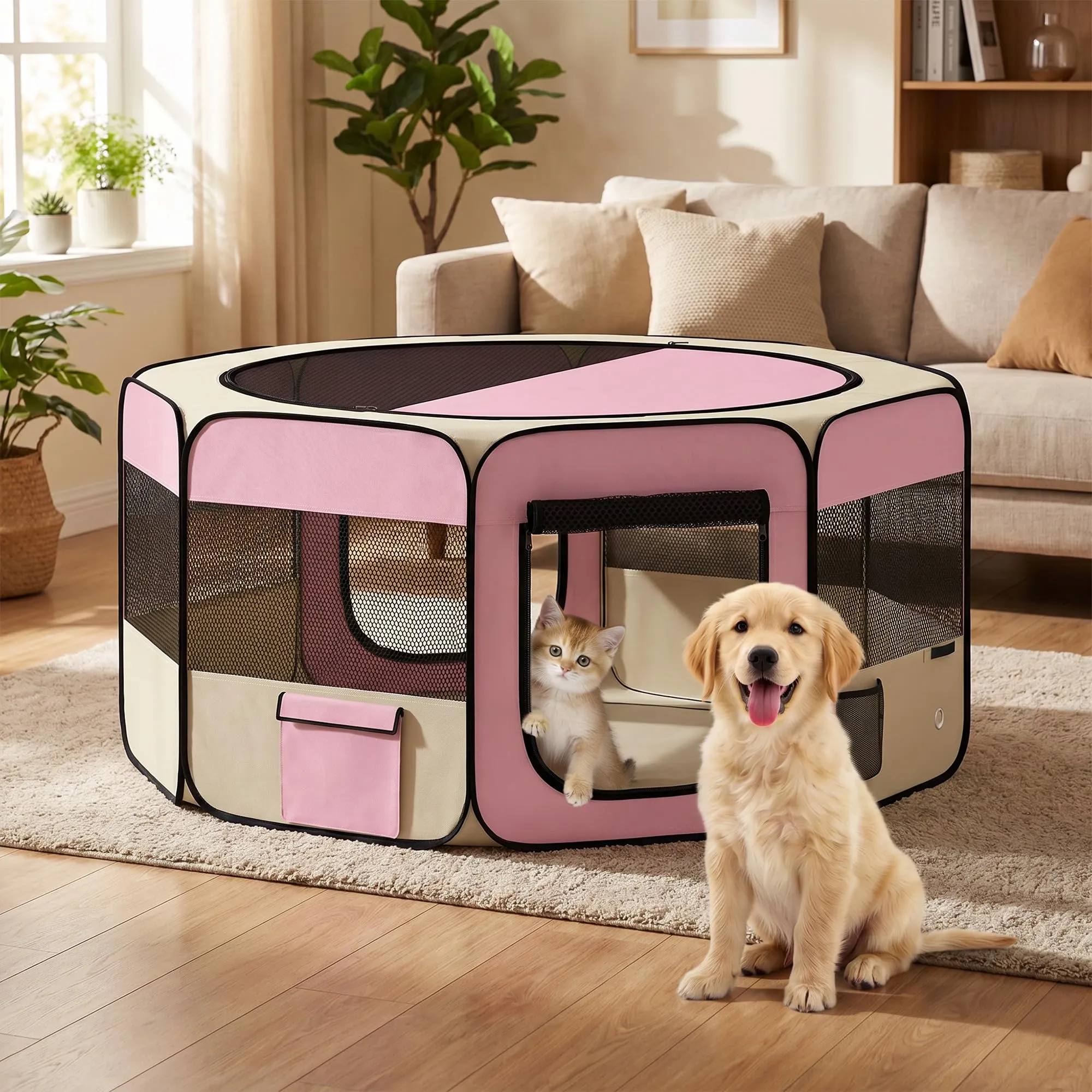 PawHut Recinto per gatti e cani in tessuto Oxford 600D Ø90x41cm Rosa - immagine 9