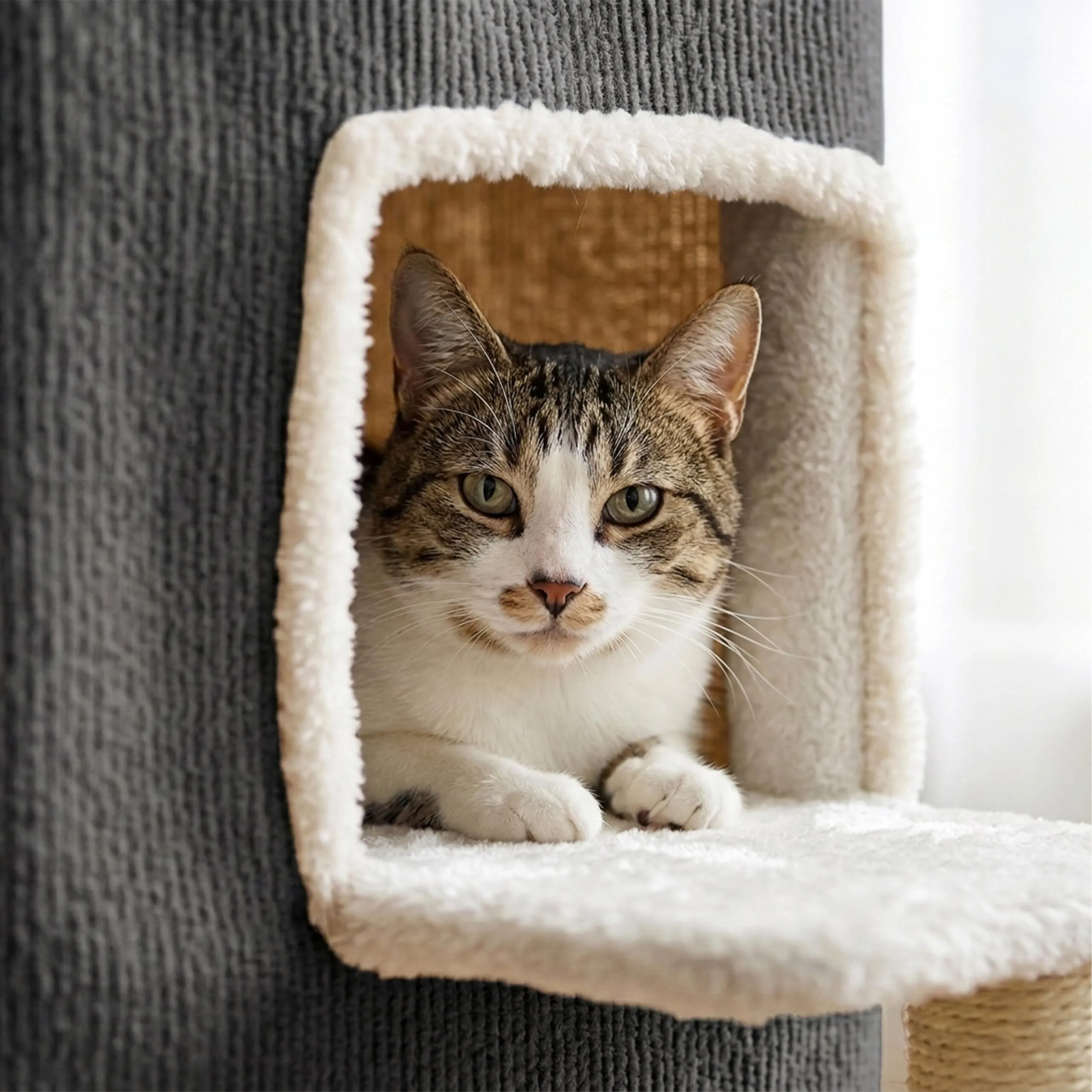 Relaxdays Casetta gatti 2 piani, cuccia con pallina e tiragraffi, grigia - immagine 7