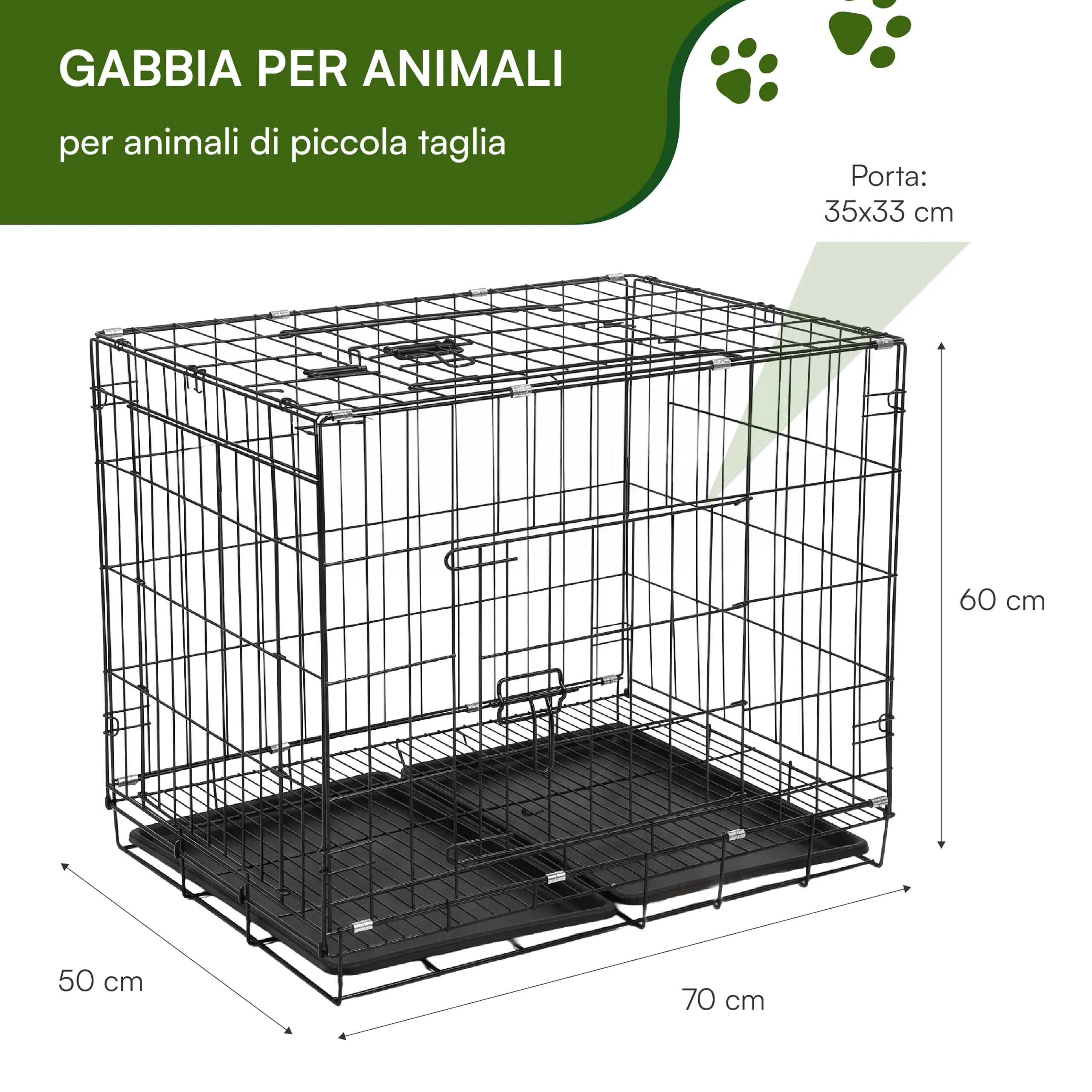 Baroni Home Gabbia per Cani e Gatti in Metallo Pieghevole, Trasportino con Doppia Porta Superiore e Laterale, Vaschetta Estraibile, Struttura Richiudibile e Salvaspazio, 70x50x60cm - immagine 3