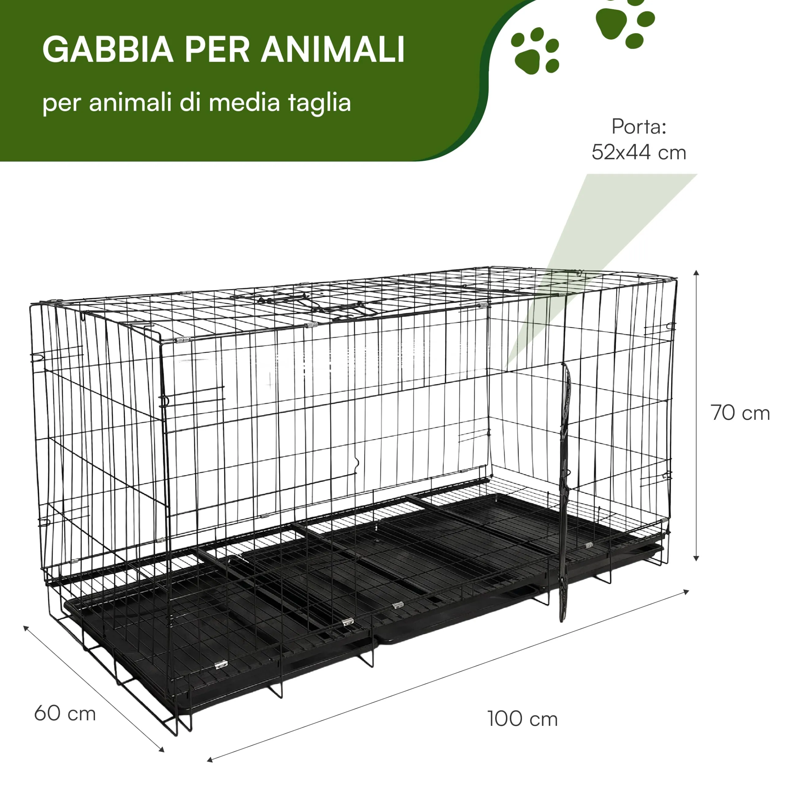 Baroni Home Gabbia per Cani e Gatti in Metallo Pieghevole, Trasportino con Doppia Porta Superiore e Laterale, Vaschetta Estraibile, Struttura Richiudibile e Salvaspazio, 130x60x70cm - immagine 3