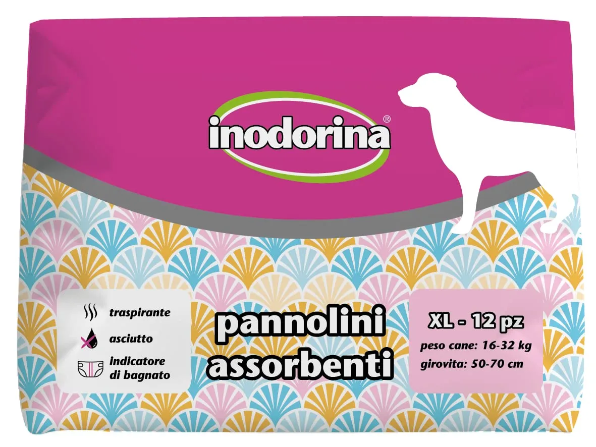 Inodorina, Pannolini Assorbenti Usa e Getta, Tecnologia Traspirante e Indicatore di Bagnato, con Buco per la Coda e Alette Lunghe, per Cani con Peso da 16-32 kg, Taglia XL, 12 pezzi - immagine 1