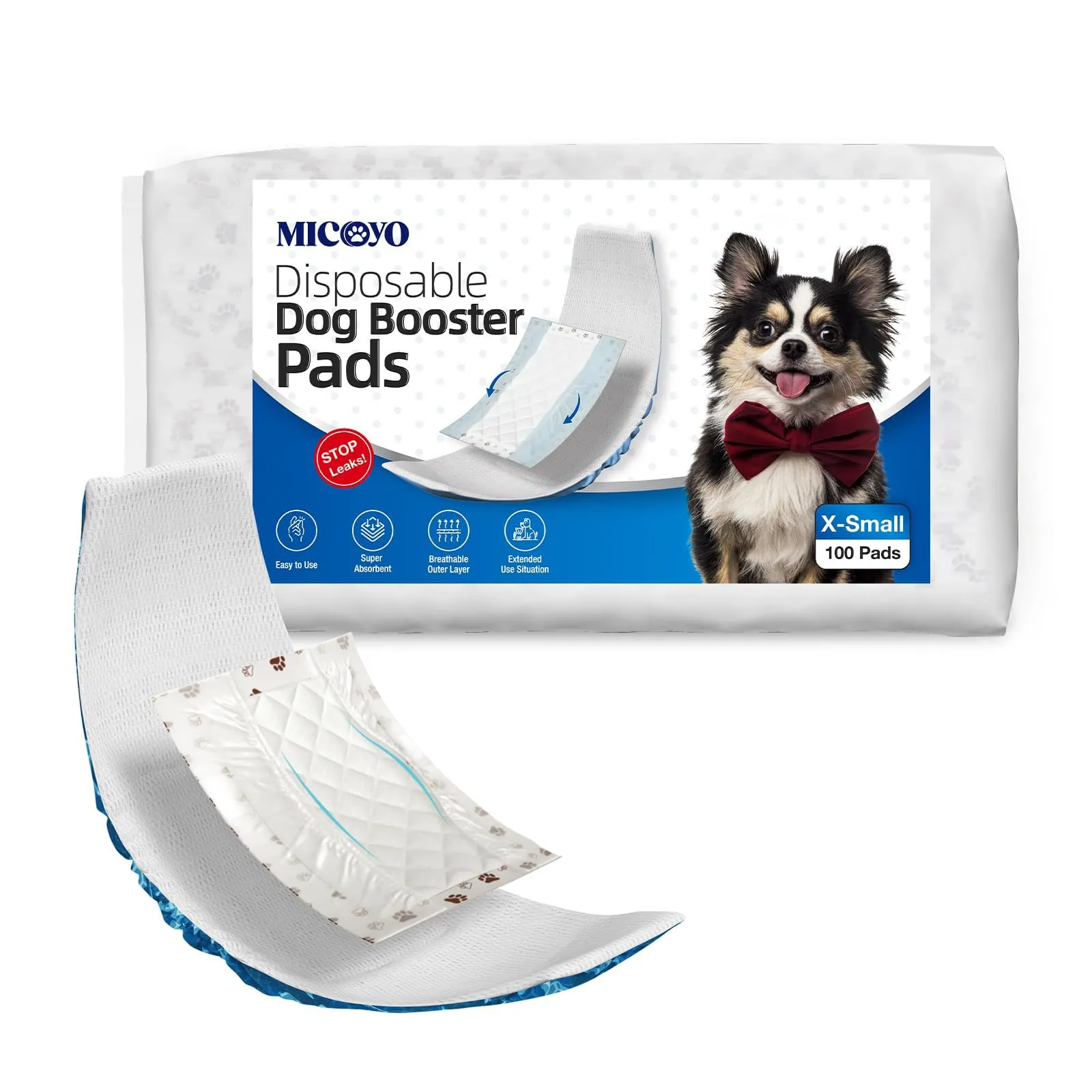 MICOOYO Fodere per pannolini usa e getta per cani, per cani maschi e femmine, super assorbenti, si adattano alla maggior parte dei pannolini per cani (protezione laterale a prova di perdite, XS-100) - immagine 1