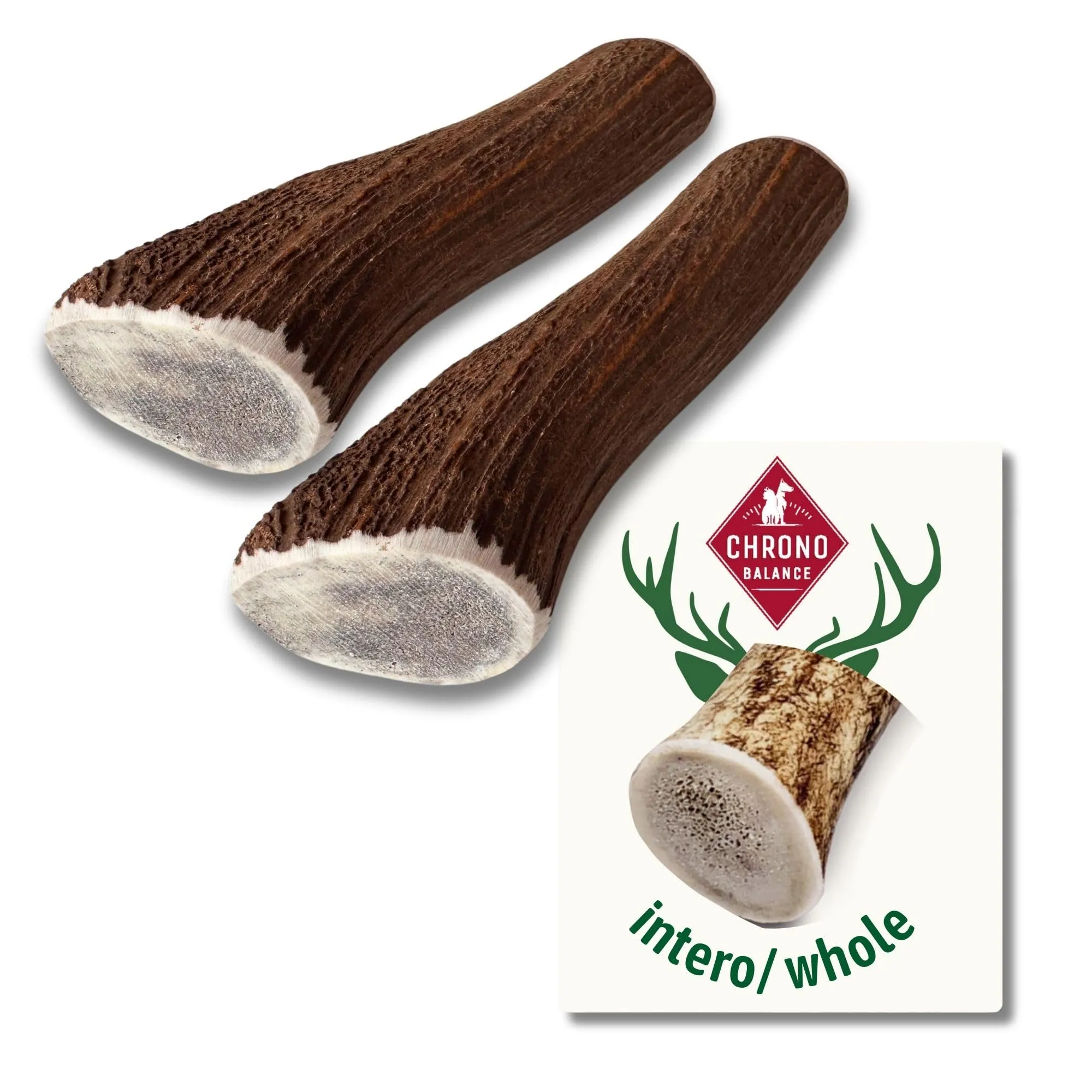 ChronoBalance-XL Corno di Cervo per Cani, Confezione da 2, 100% Naturale, Pezzi Interi, Cura Dentale, Giocattolo per Cani, Ricco di Minerali e Nutrienti, Lunga Durata - immagine 1