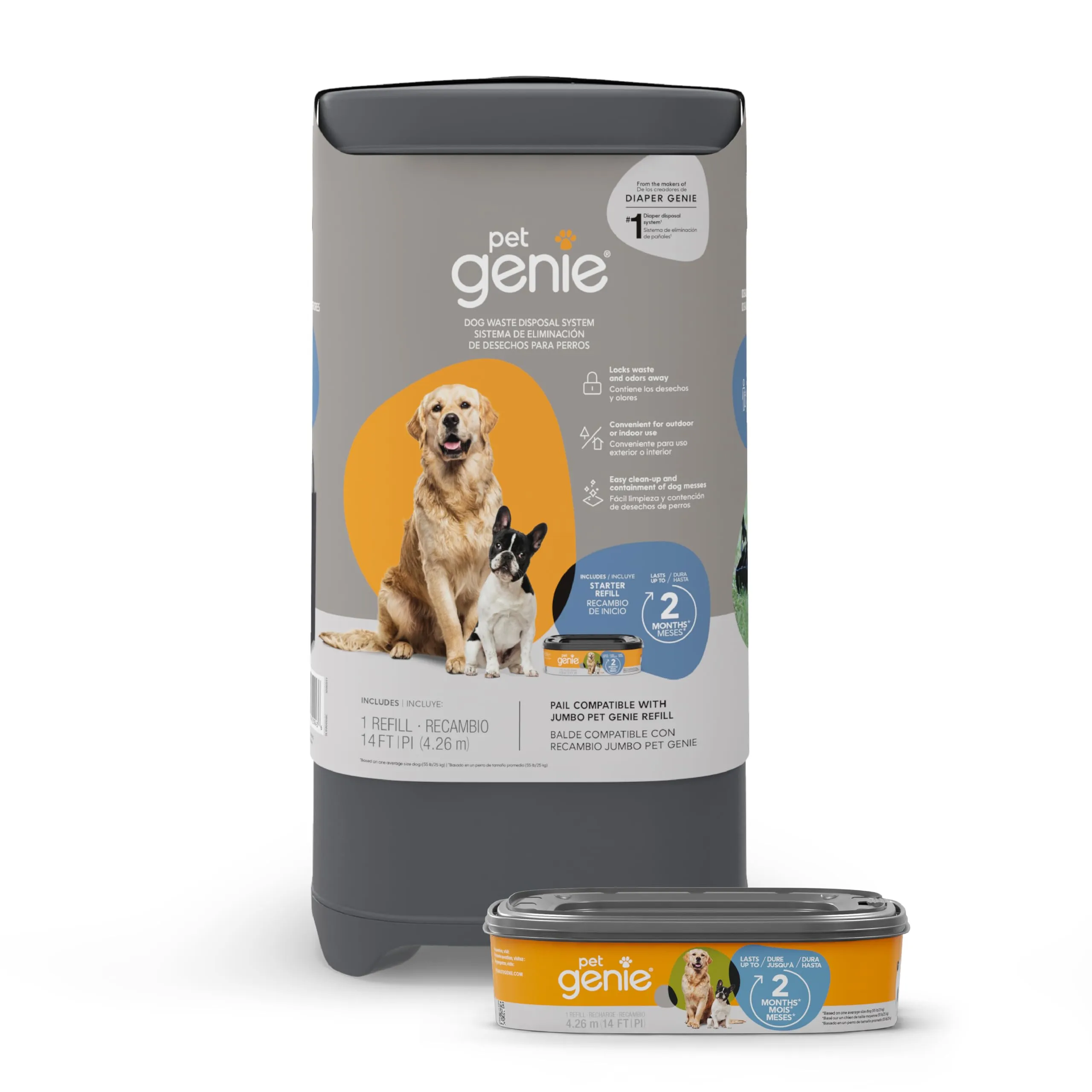 Pet Genie Secchio | Sistema di smaltimento dei rifiuti del cane per il controllo degli odori all'interno e all'esterno | Cestino per la cacca del cane | Include 1 sacchetto quadrato di ricarica che - immagine 1