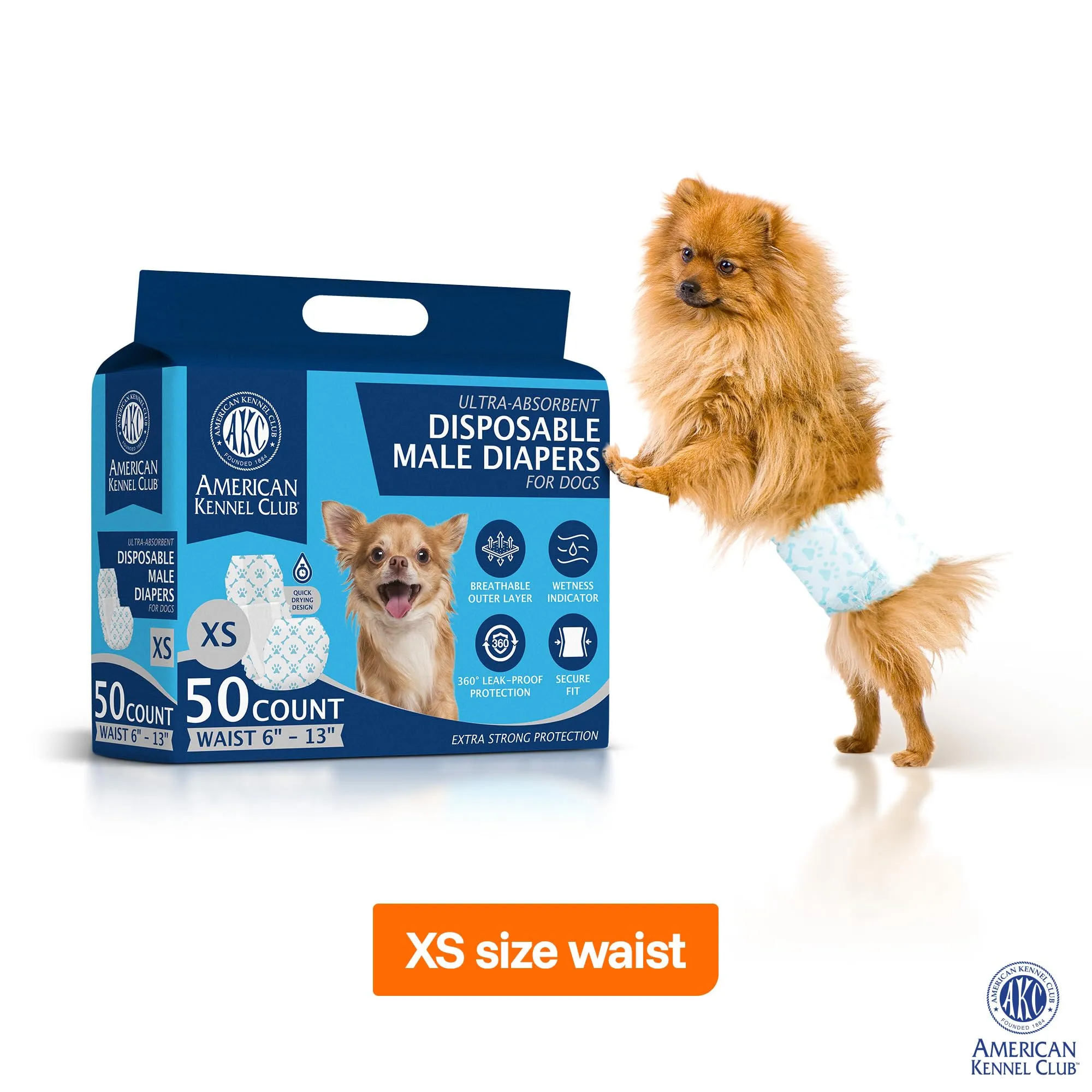 American Kennel Club Pannolini usa e getta per cani maschi, con indicatore di umidità, XS, 50 pezzi - immagine 2