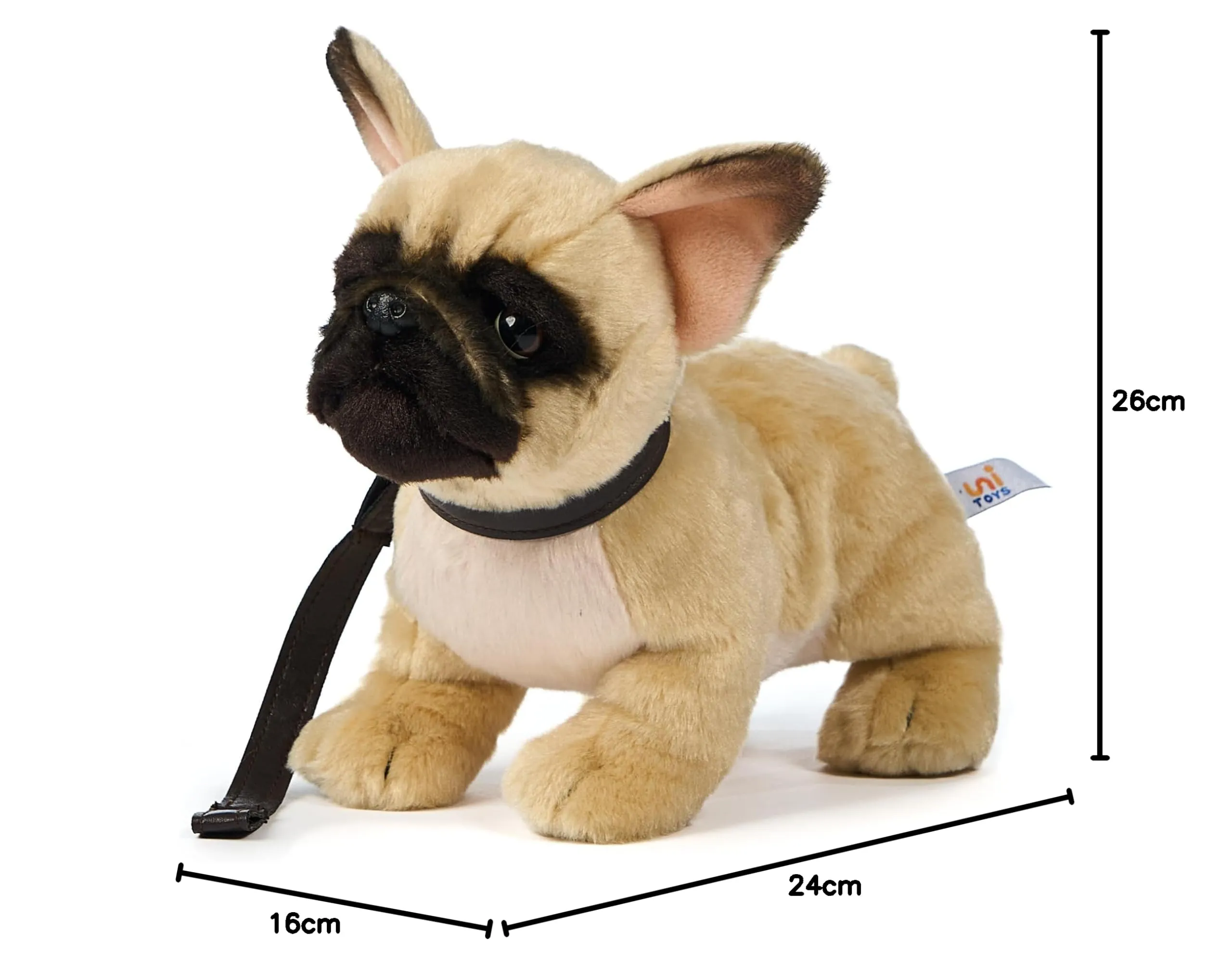 Uni-Toys - Bulldog francese (beige) – con guinzaglio – 26 cm (lunghezza) – cane di peluche – peluche - immagine 5