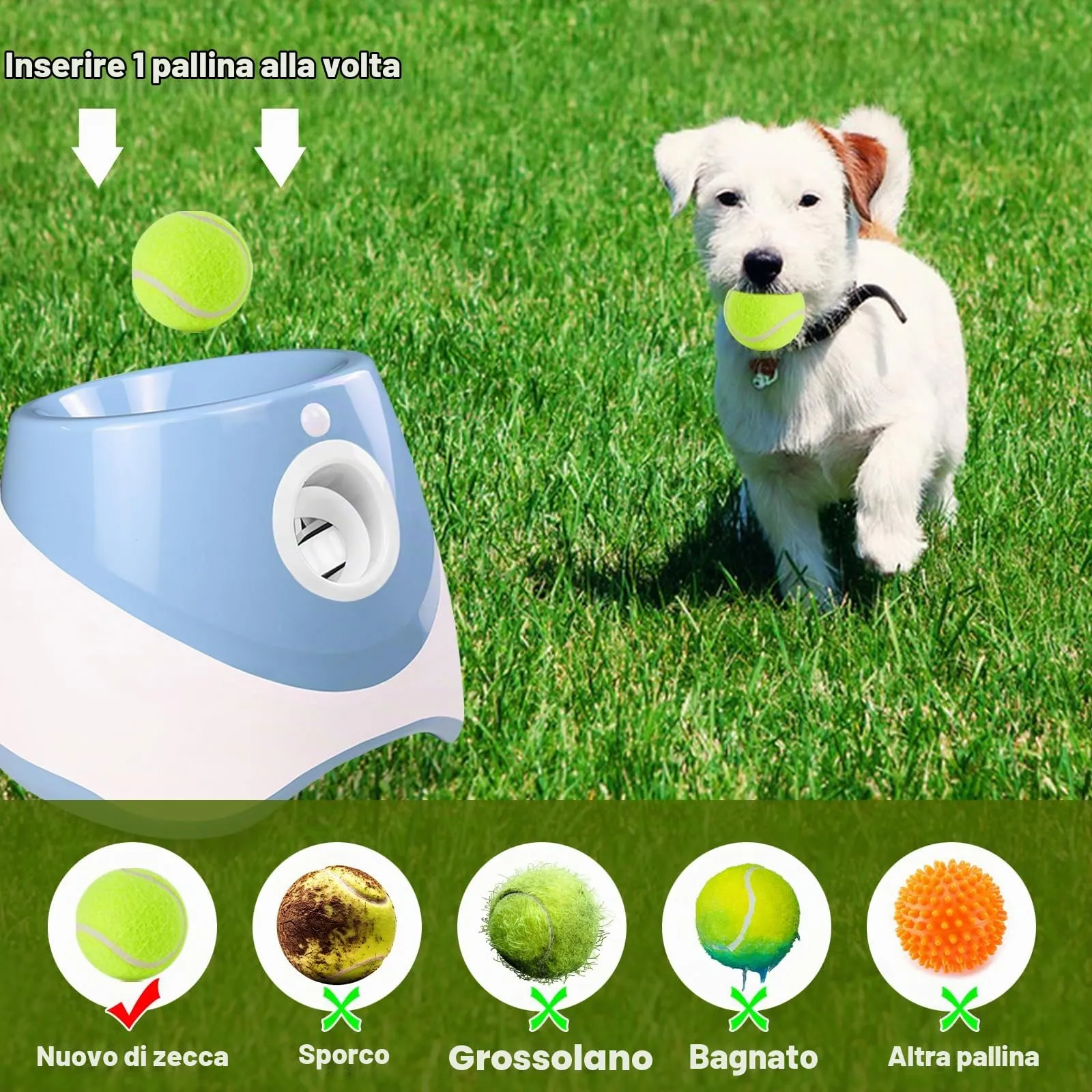 Galatée Lanciatrice Automatica a Sfera, Lanciagranate Per Palline Interattiva, Lanciagrana Automatica Per Cani, Lanciatore Di Palle Per Cani Con 6 Mini Palline Da Tennis(Verde Chiaro) - immagine 2