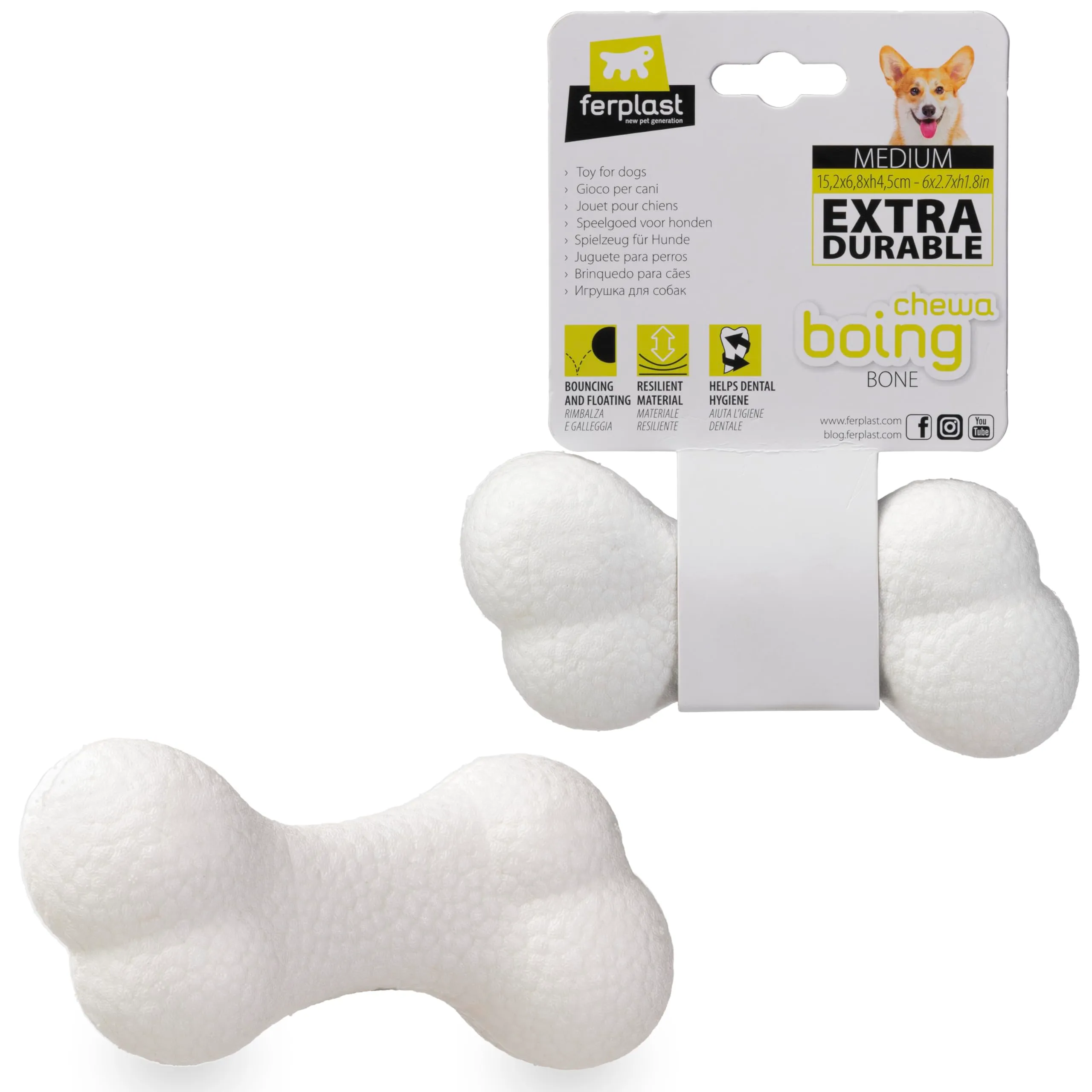Ferplast Gioco Cane, Osso in Materiale Durevole, Atossico, Resistente ai Morsi, per Igiene Dentale, Rimbalza e Galleggia, CHEWA BOING, Misura Media, Bianco - immagine 1