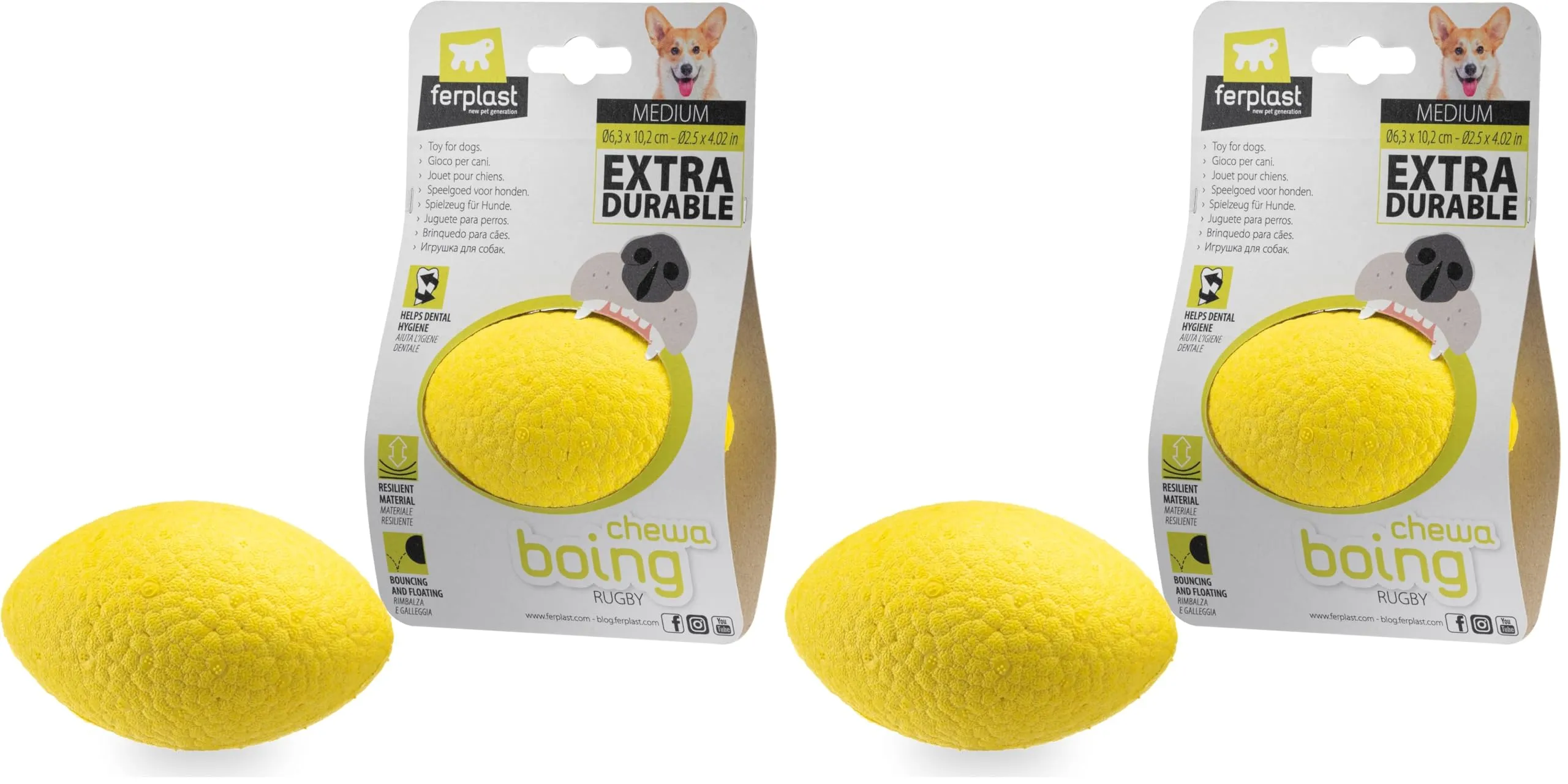 Ferplast Gioco Cane CHEWA BOING RUGBY, Pallina in Materiale Durevole, Atossico, Resistente ai Morsi, per Igiene Dentale, Rimbalza e Galleggia, Misura Media, Giallo (Confezione da 2) - immagine 1