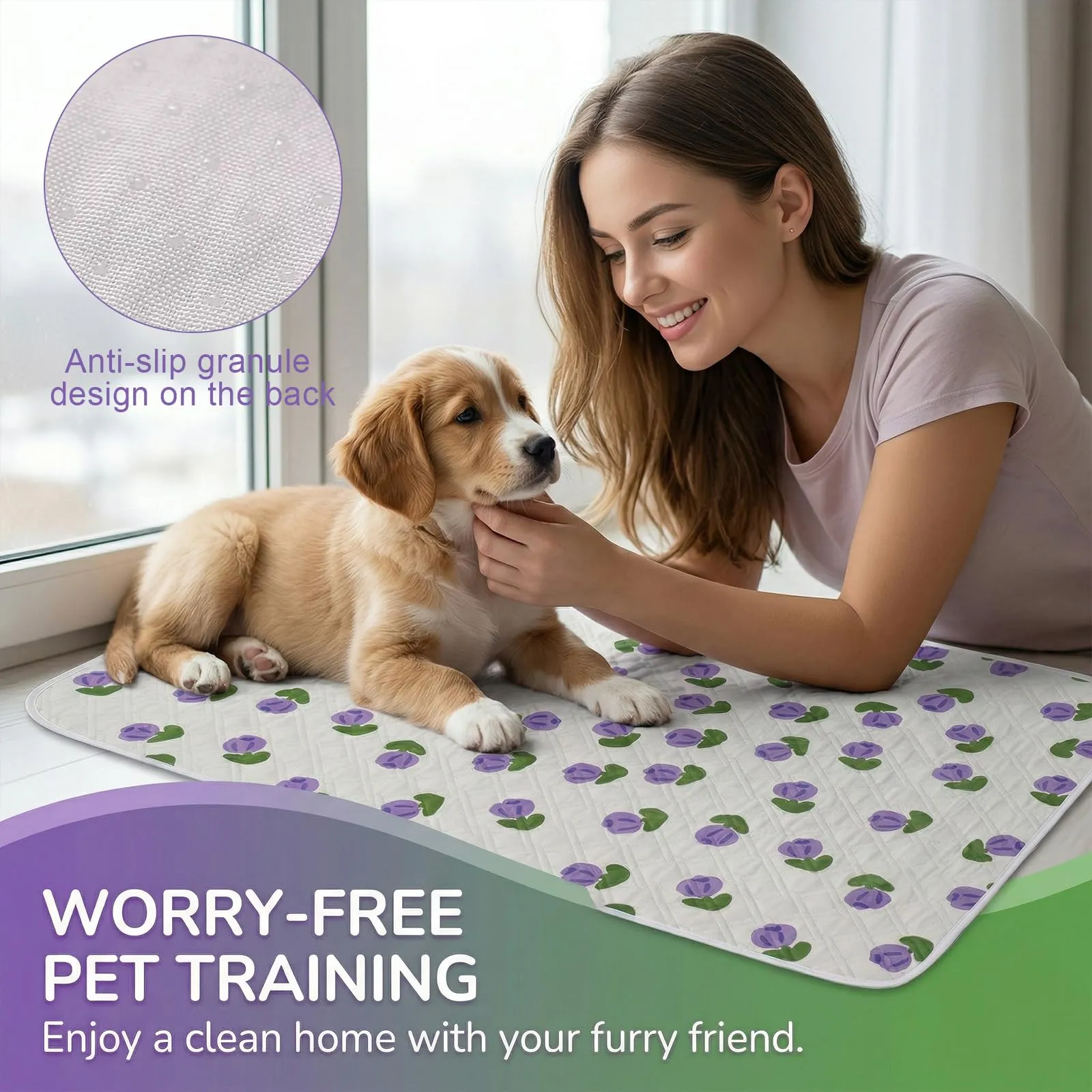 GWEOR 2 Pezzi Traversine per Cani Lavabili 50x70cm, Tappetino per Cani 4 Strati Impermeabile Antiscivolo con Motivo Tulipano, Per Camera da Letto, Letto, Salotto, Addestramento e Viaggio - immagine 2